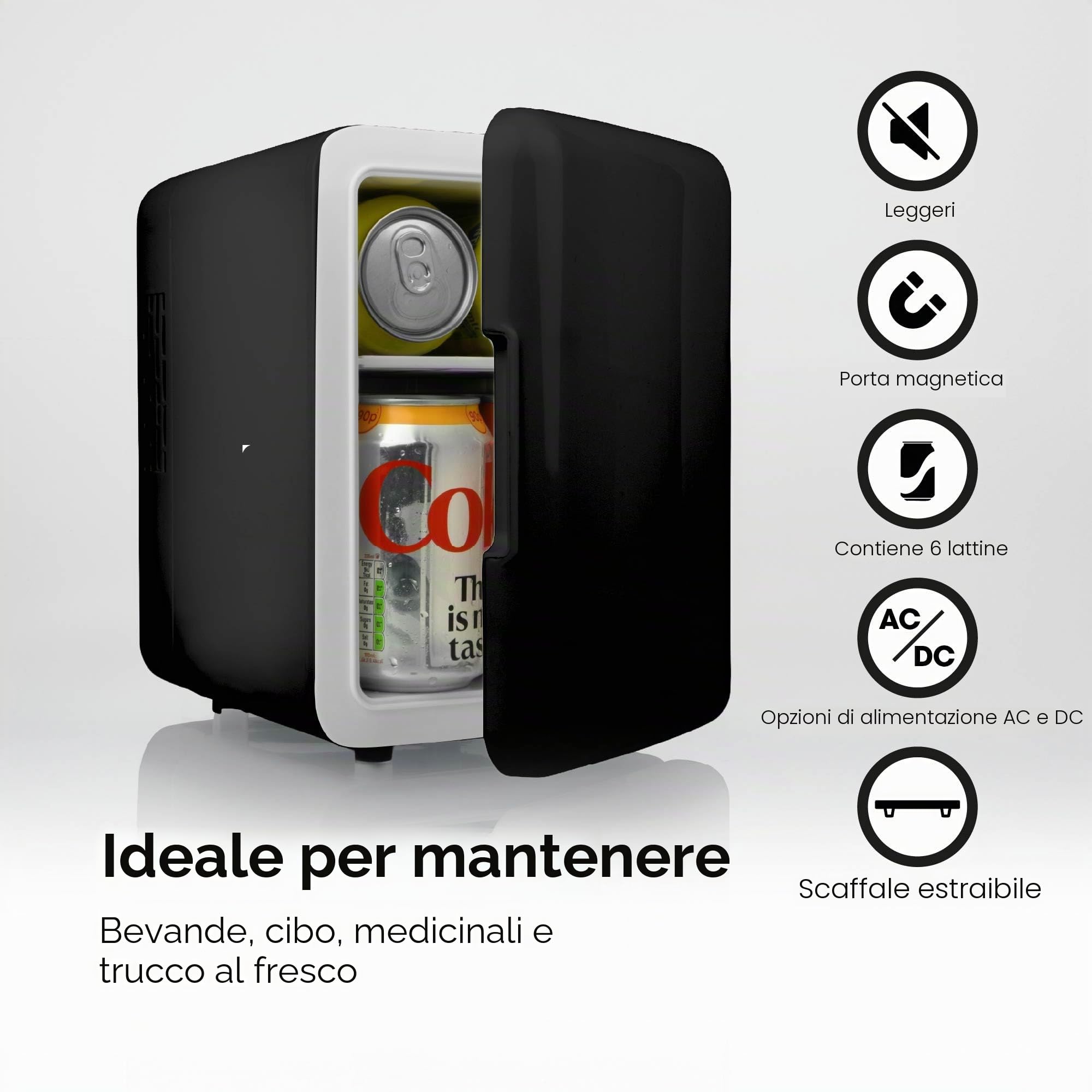 SLx Mini frigo da 4 l, 6 lattine per camera da letto, ufficio, auto e viaggi, refrigeratore silenzioso da 12 V/AC/DC per la cura della pelle, cosmetici e bevande (nero)