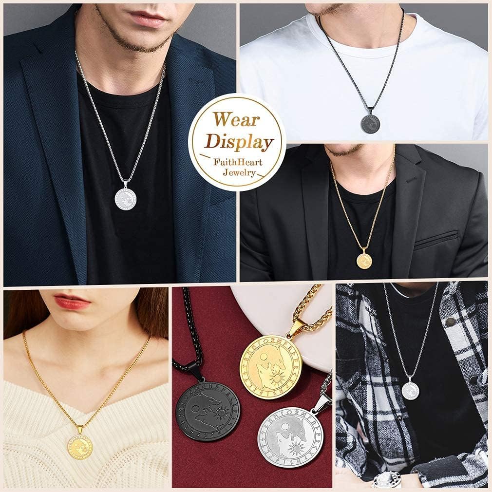 FaithHeart Norse Viking Wolf Pendant Necklace for Men/Women, Stainless Steel/18K Gold Plated Nordic Vikings Stuff Jewelry with Gift Packaging