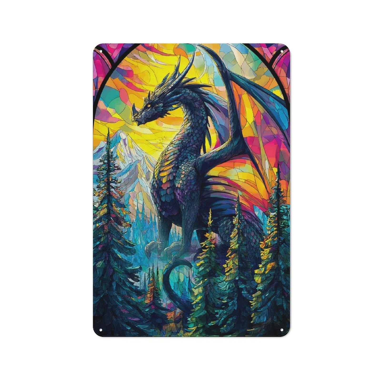 Junmoney Stained Glass Dragon Majesty -2 Retro Tin Wall Plaque 30X20cm For Garage Or Workshop, A Metal Wall Feature For Garages And Tool Rooms