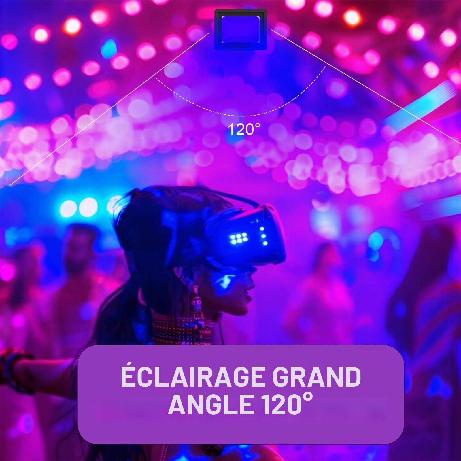 Lumière Noire LED 100W, 365nm Projecteur lumière noire UV étanche IP66, Black Light Projecteur UV LED pour fête lumineuse, Halloween, Affiche fluorescente Disco Bar éclairage de scène