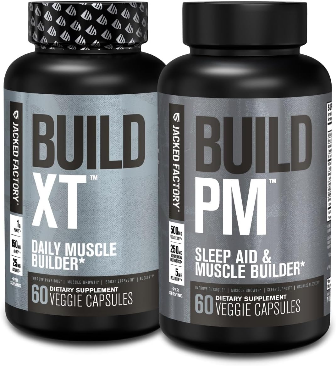 Jacked Factory AM & PM Muscle Building Supplement Stack - Build-XT Muscle Builder & Build PM Night Time Muscle Growth & Sleep Aid