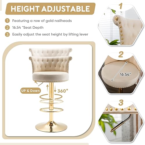Miniatura 9 de Juego de 2 taburetes de bar giratorios modernos, taburetes de bar ajustables de color dorado con respaldo, sillas de bar tapizadas de terciopelo