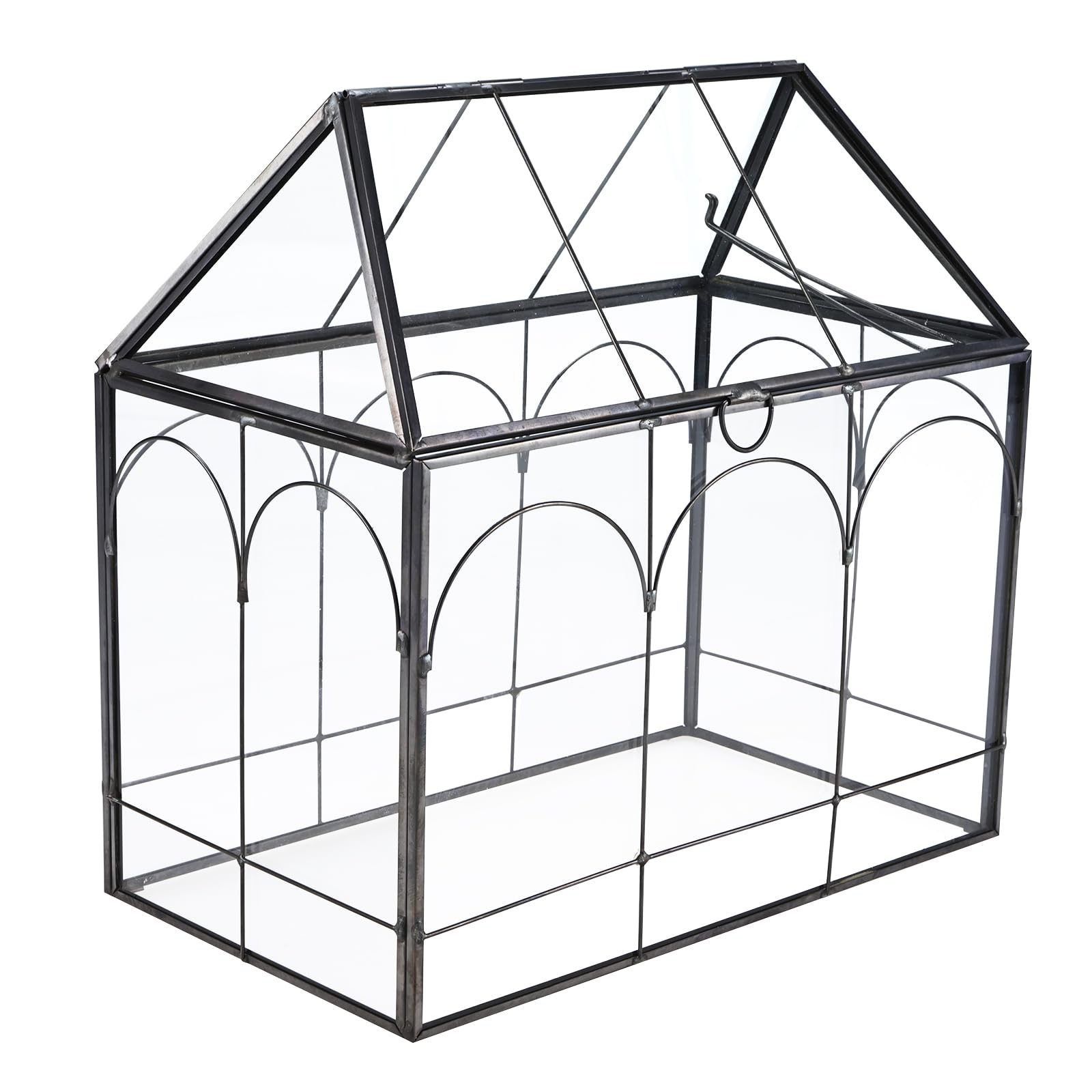 Homtone Maceta de terrario geométrica de 24 cm con bandeja, forma de casa, caja de cristal negra hecha a mano, maceta vintage en miniatura para suculentas, cactus, plantas de aire, negro