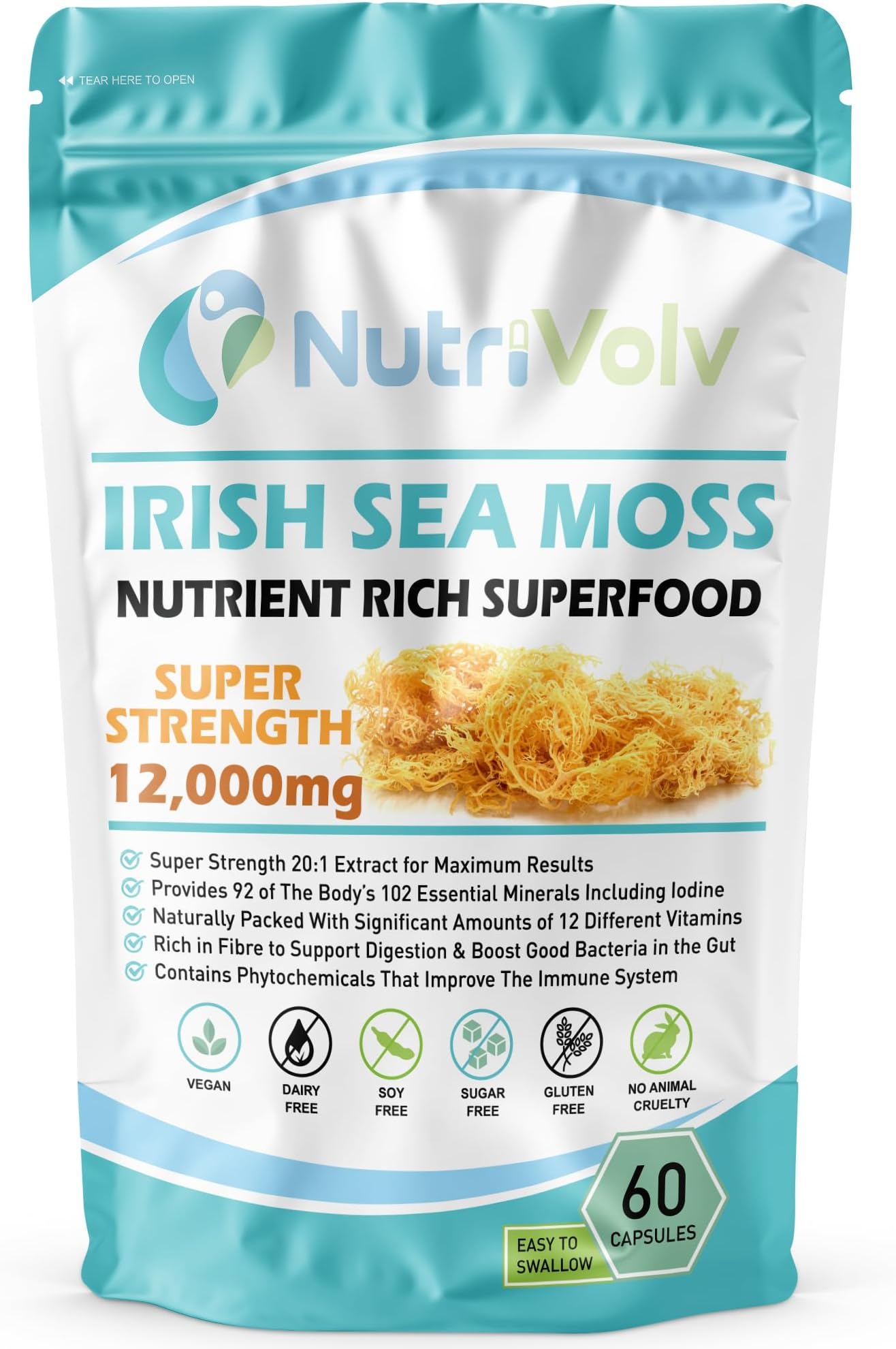 Nutrivolv Irish Sea Moss 12000mg - High Strength Vegan Capsules - Supports Immune System, Skin & Digestive Health - 60 Capsules - Sea Moss Supplement for Energy, Detox & Overall Wellness
