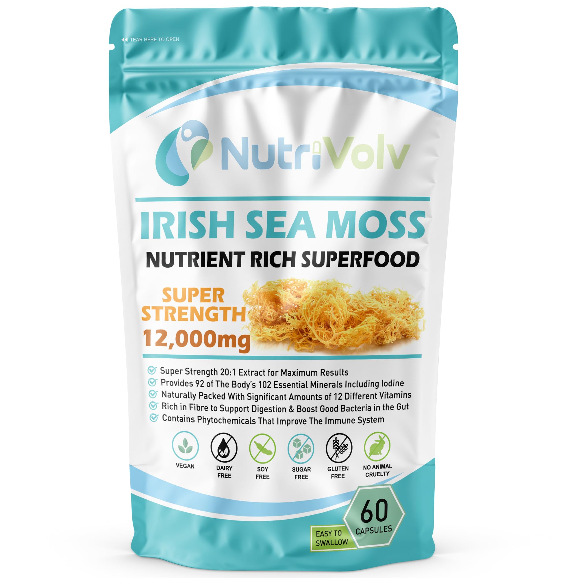 Nutrivolv Irish Sea Moss 12000mg - High Strength Vegan Capsules - Supports Immune System, Skin & Digestive Health - 60 Capsules - Sea Moss Supplement for Energy, Detox & Overall Wellness