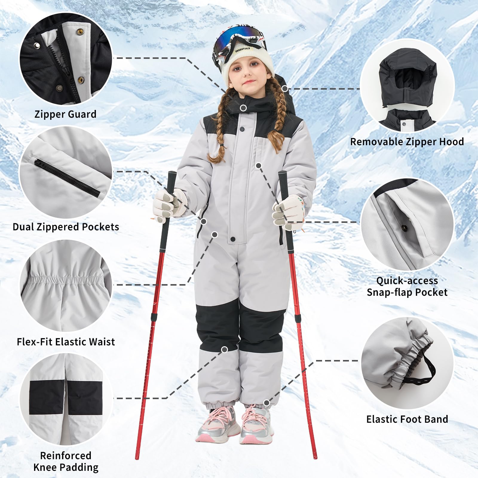 Owntop Tuta da Neve Intera per Bambini - Tuta da Sci Impermeabile e Leggera Unisex, Completo Sci Caldo con Cappuccio per Bambini e Bambine, Tuta da Snowboard Invernale (2-9 Anni)