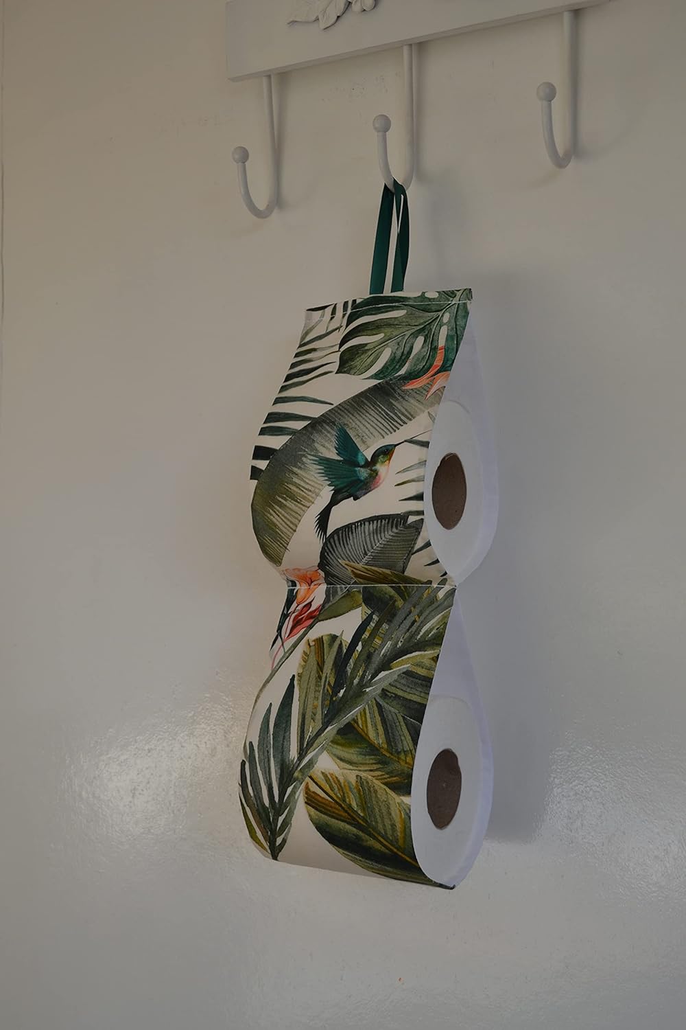 Small space bath storage, fabric toilet roll holder, green jungle