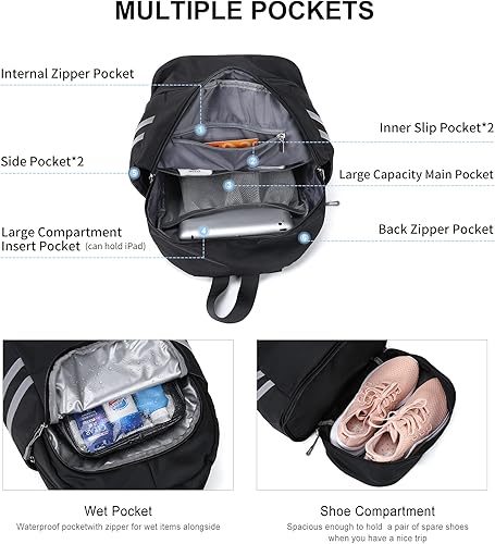Miniatura 3 de SYCNB Mochila de gimnasio para mujer con compartimento para zapatos y bolsillo húmedo, mochila de viaje grande impermeable, mochila negra