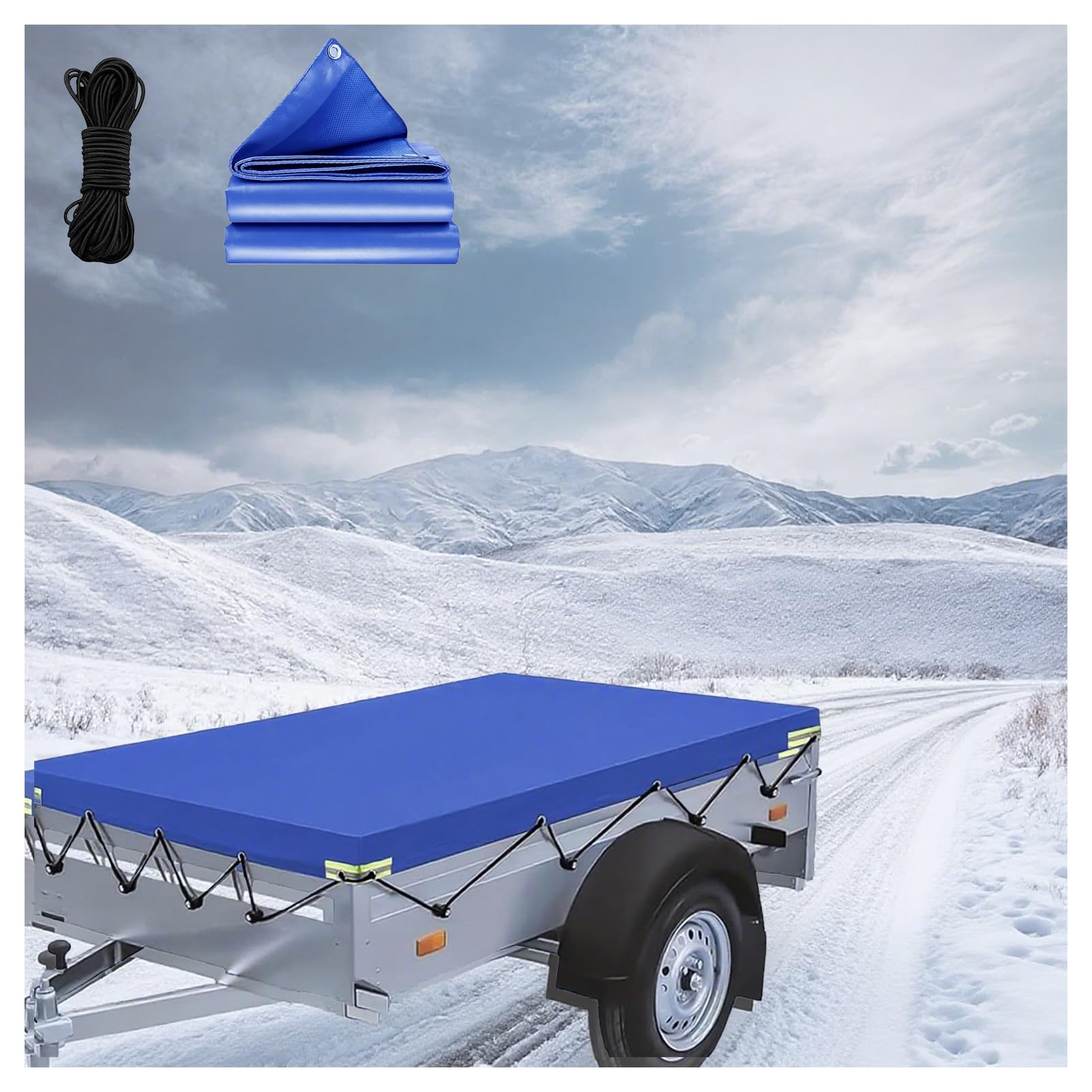 Robuste 420D PVC Plane für Anhänger - Wasserdicht, Dreifach Verstärkte Ecken mit Reflektorstreifen für Pritschenwagen & Caravan (211 X 116 X 8cm,Blue)