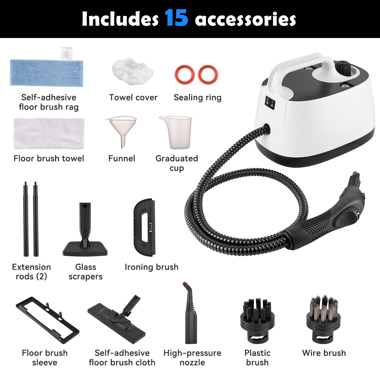 Vaporeta Limpieza Hogar 2000 W,Limpiador a Vapor con 1600ML Agua,4 Bar | 15 Accesorios,2.7m Alimentación,Elimina la Suciedad y la Grasa de Suelos, Muebles Tapizados y Superficies de Baño
