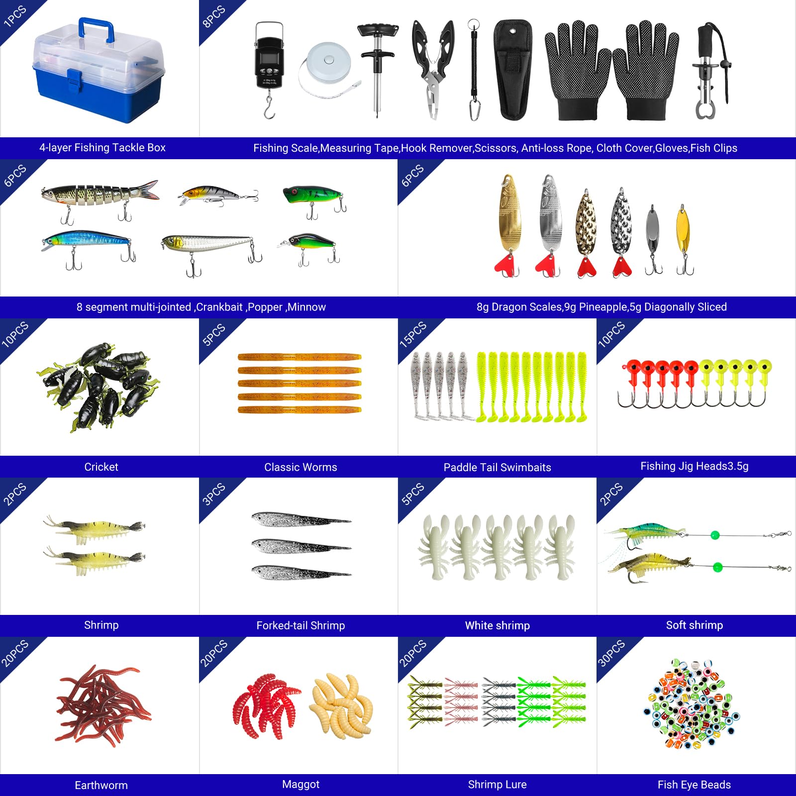Angelköder-Set, 4-lagig, mit Zubehör, 617-teiliges Angelköder-Set, inklusive Lineal, Handschuhen, Werkzeug, Köder, Haken und Zubehör, Süß- und Meerwasserbarsch, Forellen, Angelausrüstung, Geschenke