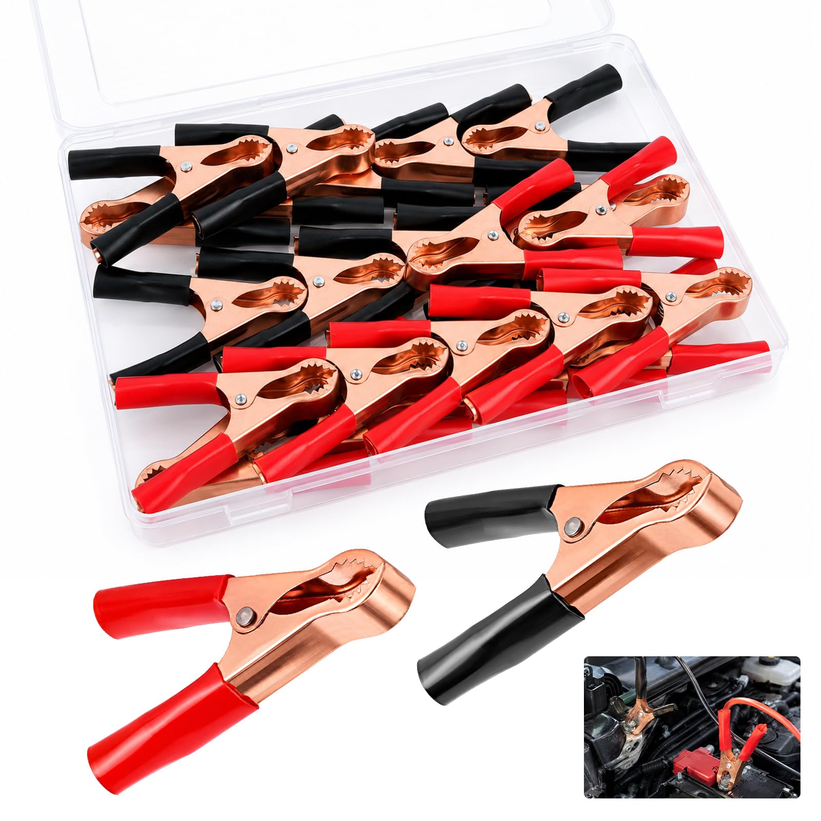 Akamino 24 Pcs 50A Crocodile Clips for Car Battery Charger, 80mm Crocodile Clips Electrical with Insulated Rubber Grip, Iron Copper Plated Crocodile Clamps Alligator Clips for Car Auto (Red + Black)