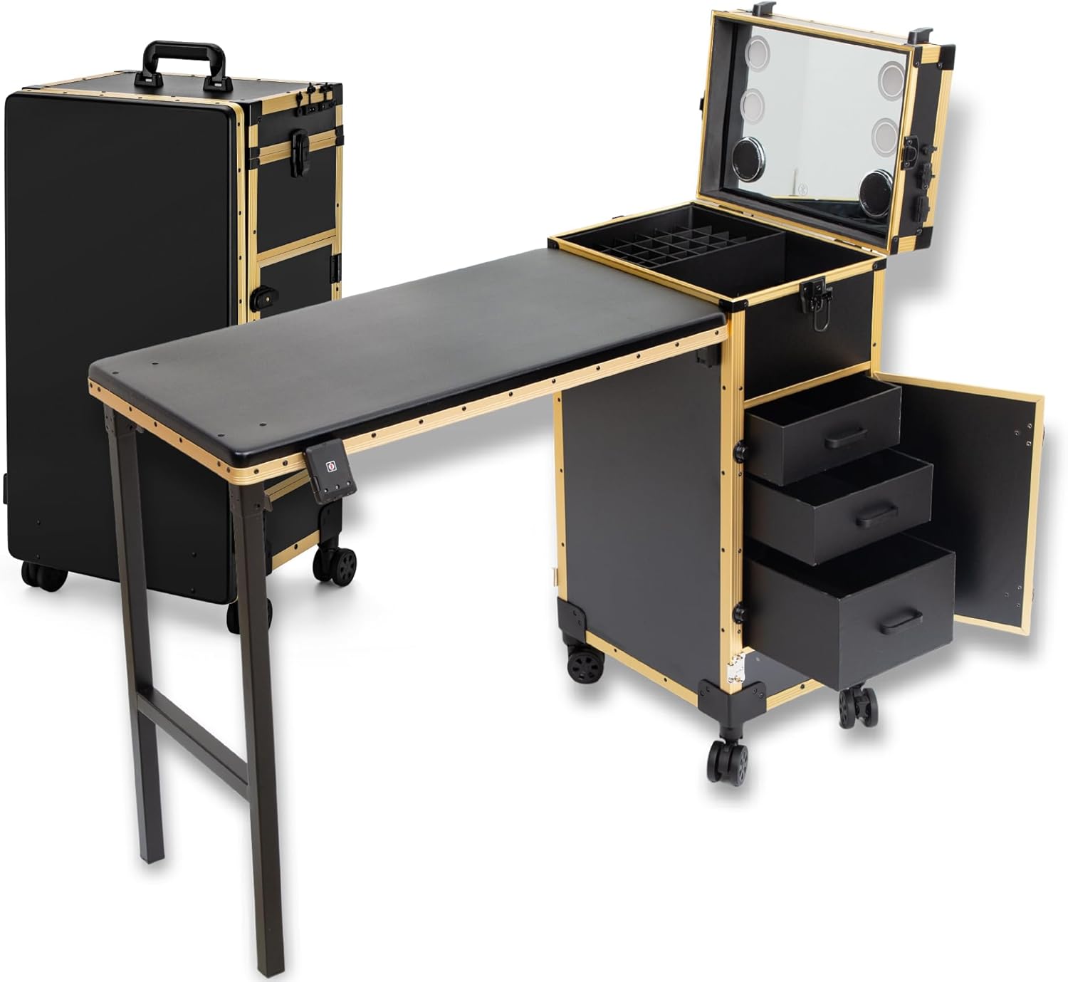 Portable Nail Desk with 3 Drawers and Wheels, Foldable Rolling Manicure Table with Blueteeth Speaker and Nail Polish Organizer, Lockable Makeup Case with Mirror & TSA Lock for Nail Tech and Salon