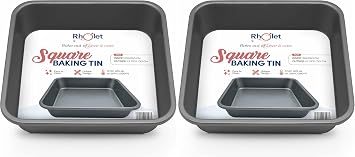 Rholet Square Cake Tin 20cm - 8x8 Baking Tin Non-Stick, 2 Inch Deep   Cake Pan Carbon Steel with 0.5 mm Thickness for Brownies, Cupcakes, Christmas, Mac n Cheese Pack of 2