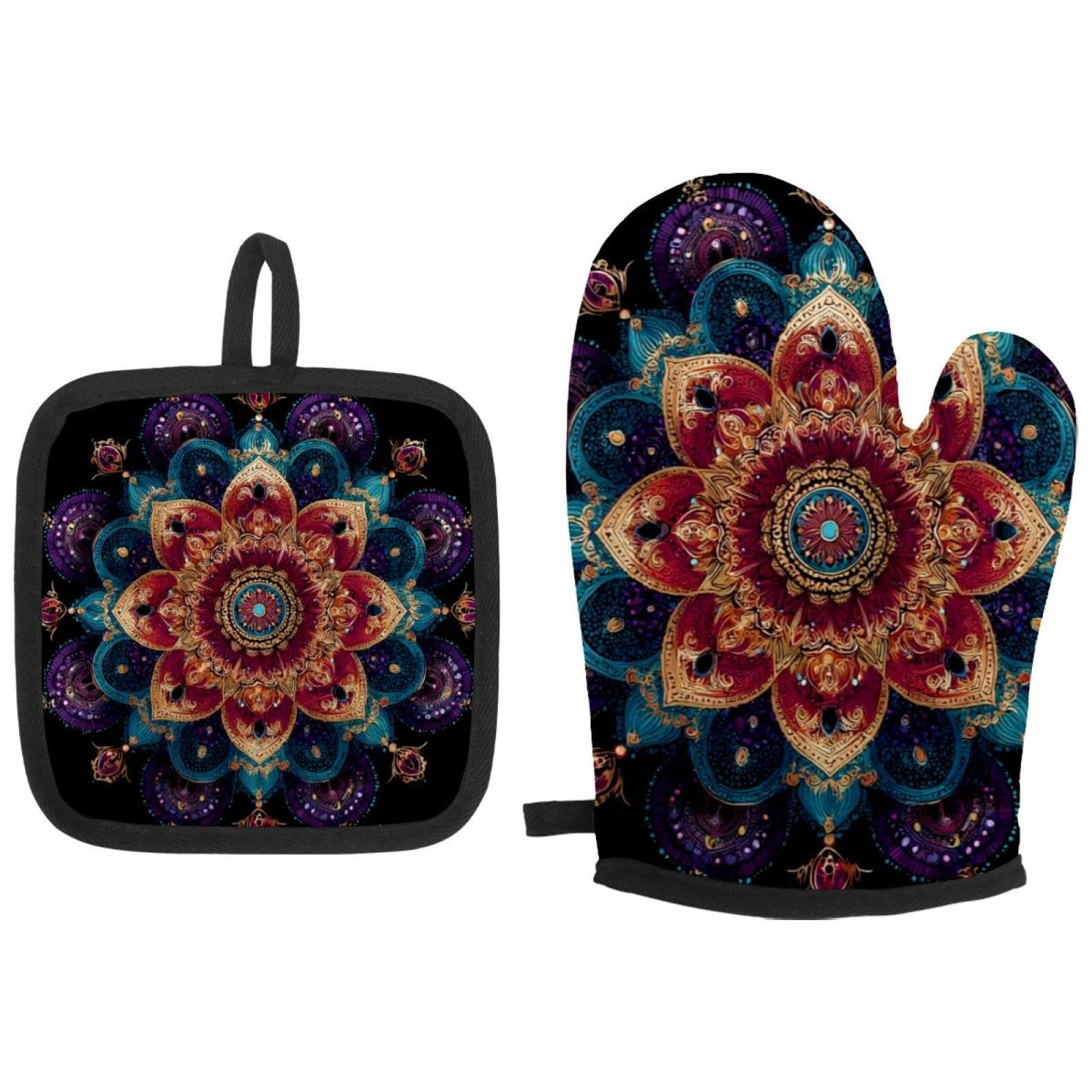 Gants de cuisine résistant à la chaleur style mandala indien pour four et barbecue lot de 2