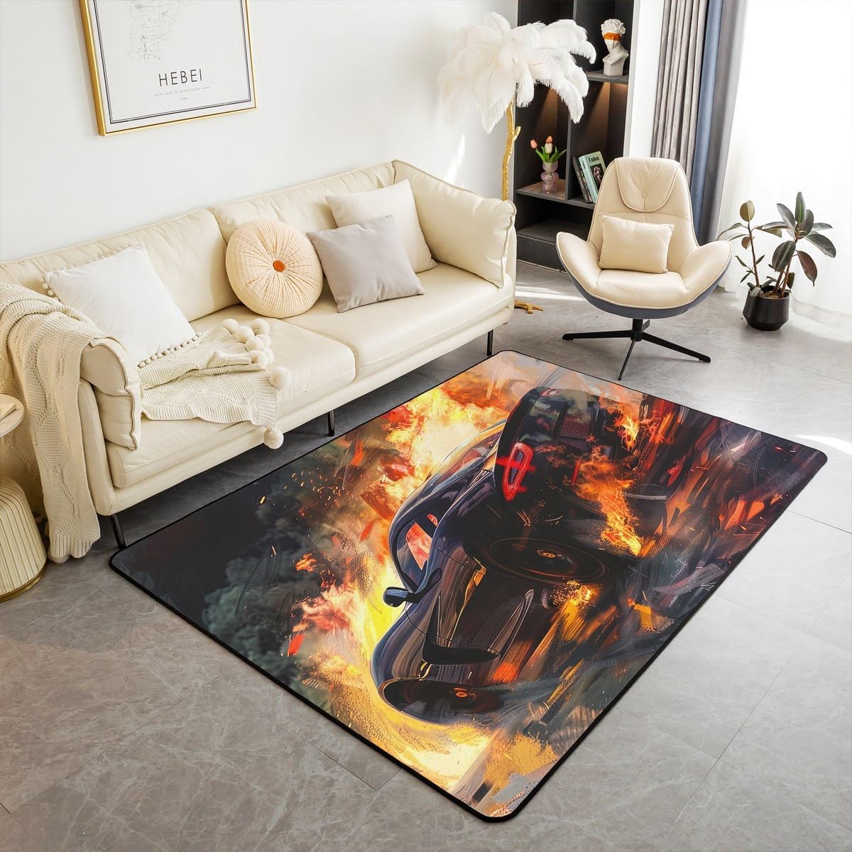 Erosebridal Extreme Sport Rug Speed Racer Area Rug 5x7,Racing Games Gamer Cool Sports Car Non Shedding Carpet Fire Flame Decorative Rug Kids Boys