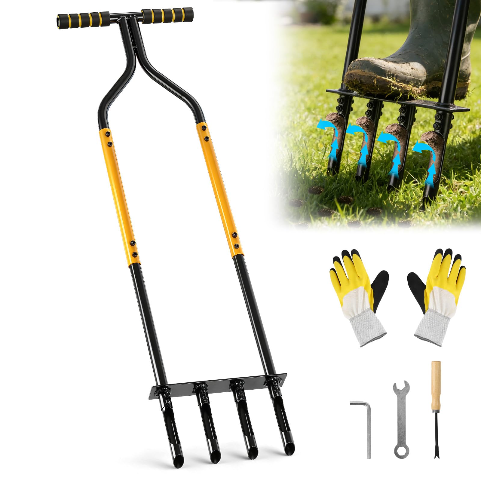 Knie-freundlich Rasenlüfter, Aerifizierer für Rasen mit 4 Hohlspoon, Höhenverstellbar T-Griff Rasenbelüfter für Verdichtete Böden Rasenpflege