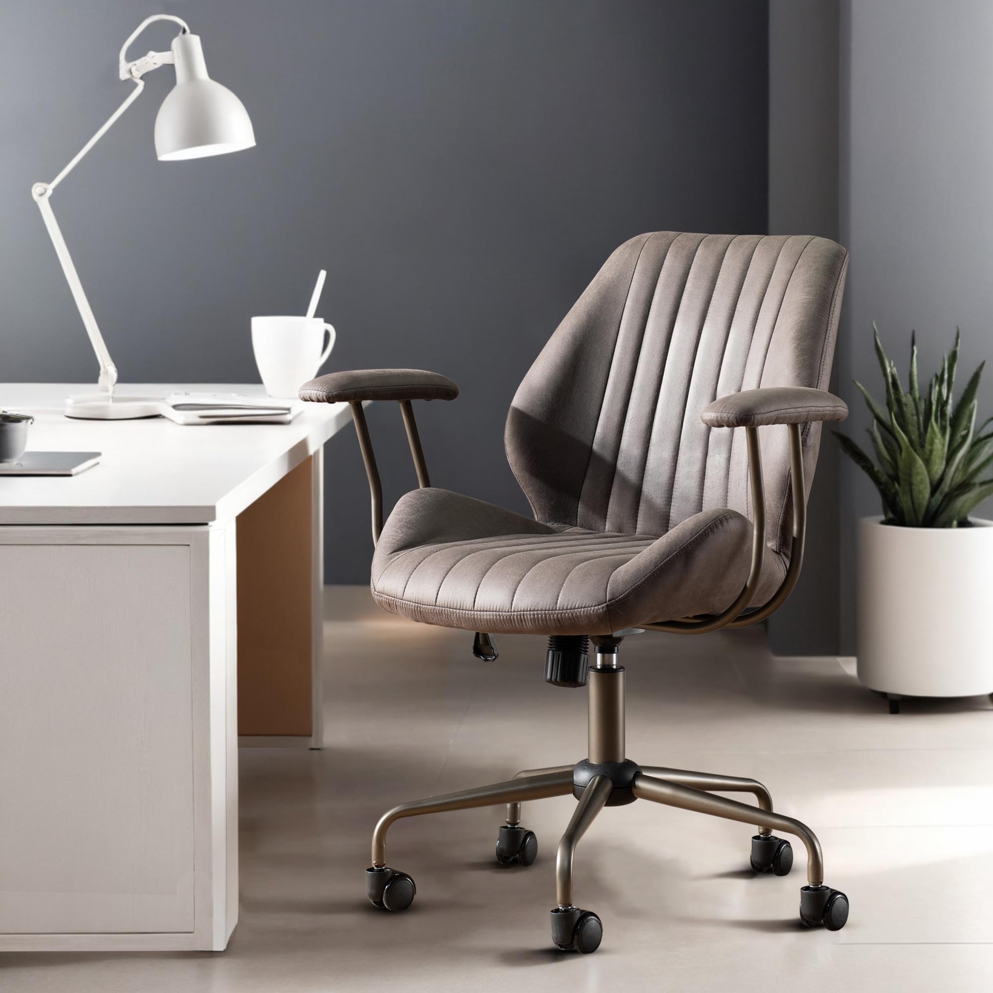 Mid Back Home Office Chair, Mid Century Modern Executive Chair, Comfy Ergonomic Rolling Office Desk Chair with Lumbar Support, Faux Leather Office