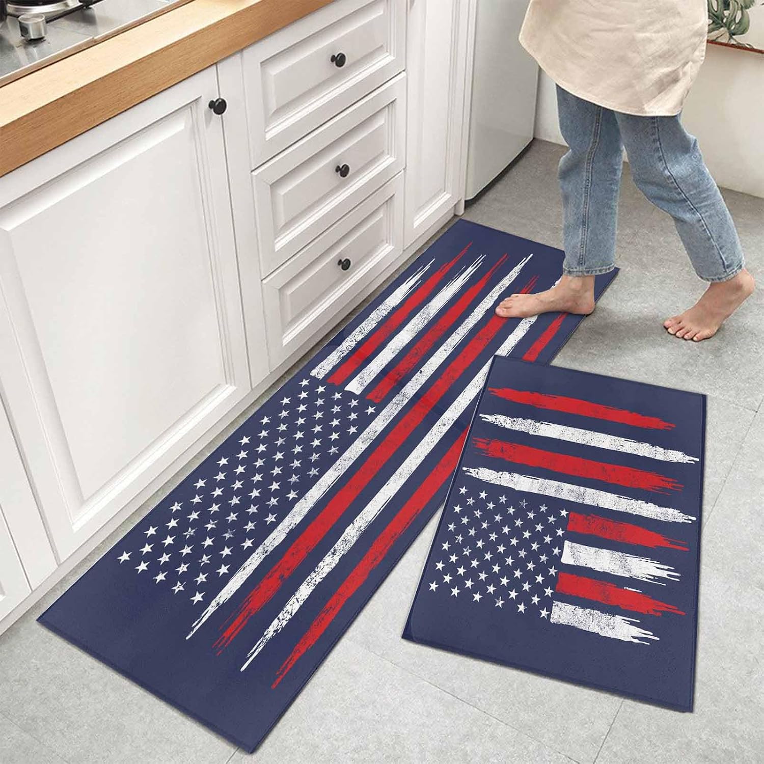 Kitchen Mats for Floor USA Flag Independence Day Washable Non Slip Kitchen Rugs 2PCS, Retro Stripes and Stars Absorbent Standing Mats for Sink Bathroom Office Living Room 15.7x23.6in+15.7x47.2in