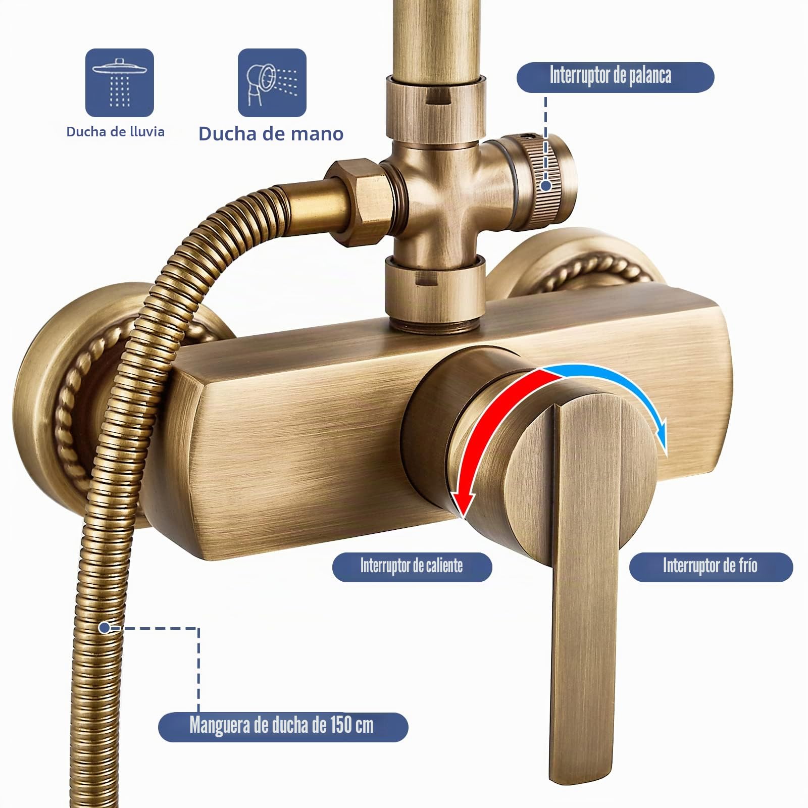 Columna Ducha Latón Retro Set De Ducha Antiguo Sistema de Ducha, Altura Regulable 70-120cm, Columna de Ducha con Cabezal de Ducha de Lluvia, Ducha de Mano, Grifo de Ducha Monomando