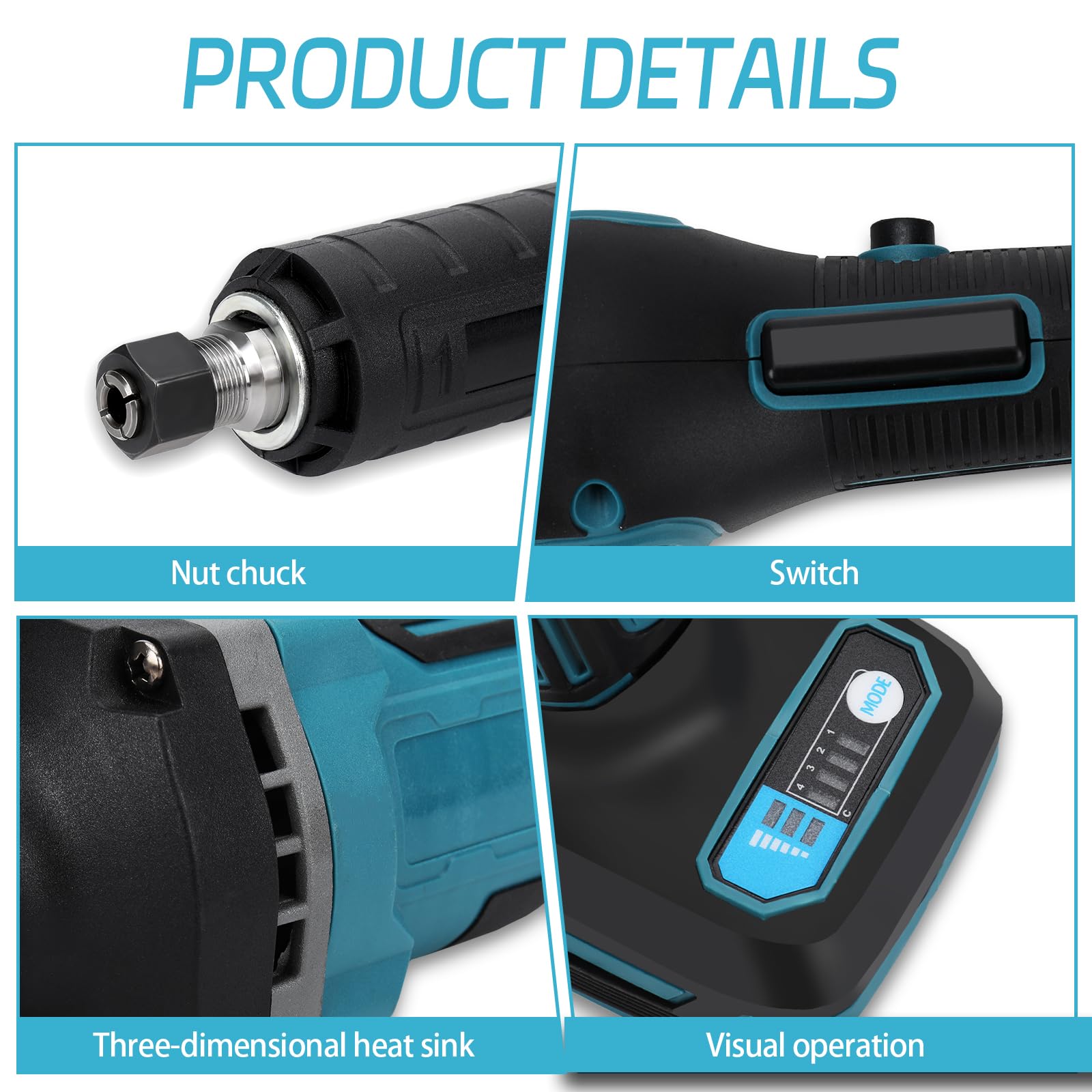 Smerigliatrice dritta batteria, compatibile con Makita 18 V, smerigliatrice professionale senza spazzole, mandrino 6 mm, 4 velocità variabili