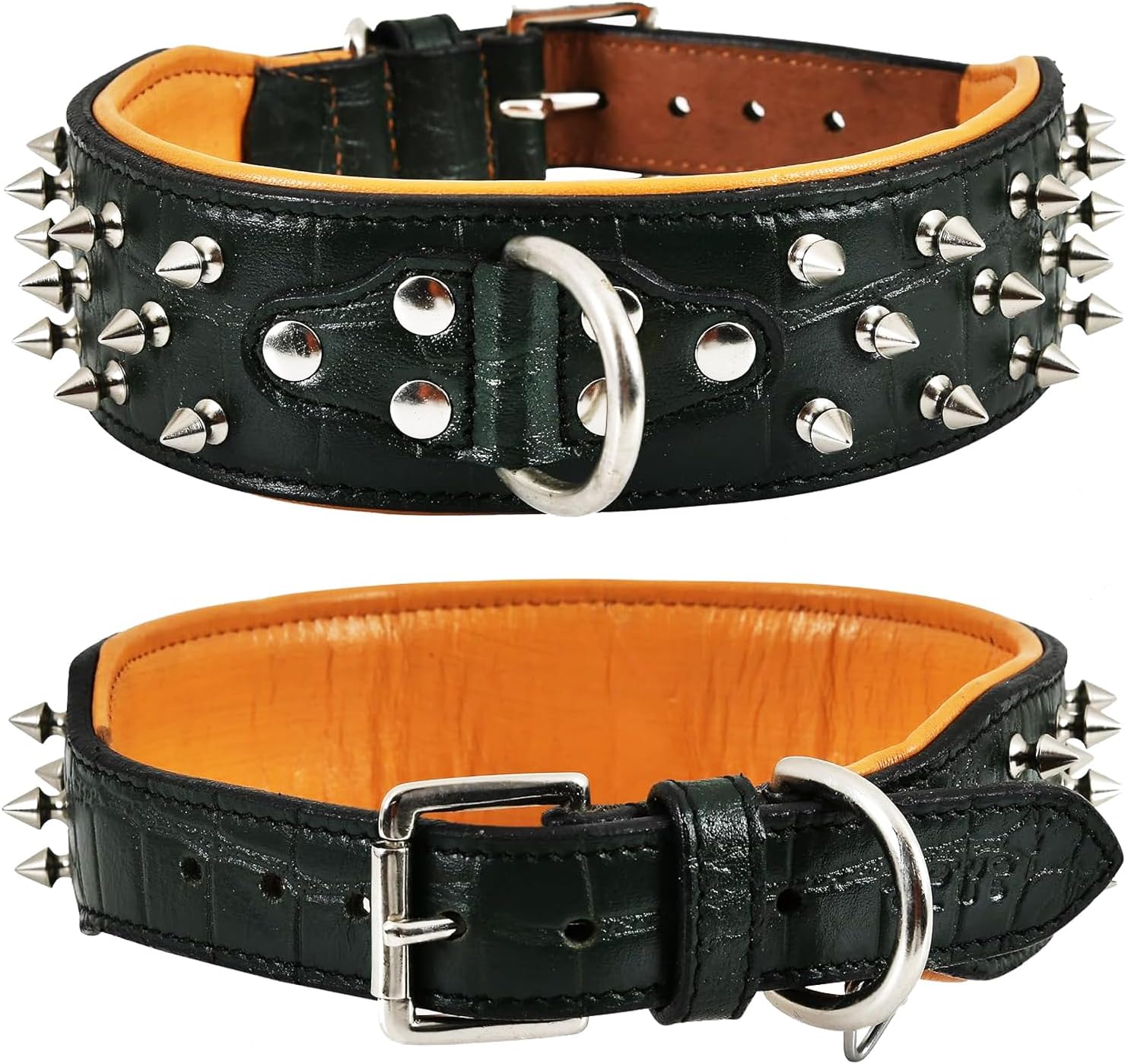 | Genuine Leather Spike Dog Collar | Full Grain, Heavy Duty | Comfortable, Strong, Best for Medium, Large, XL Breeds | 1.5" Wide (M (Fit Neck 14.5"-18.5"), Pink with Silver Spikes)