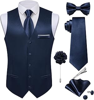 Mens Satin Suit Vest and Tie Set 8PCS Solid Waistcoat and Bowtie with Lapel Pin for Tuxedo Dress Vest Wedding Formal