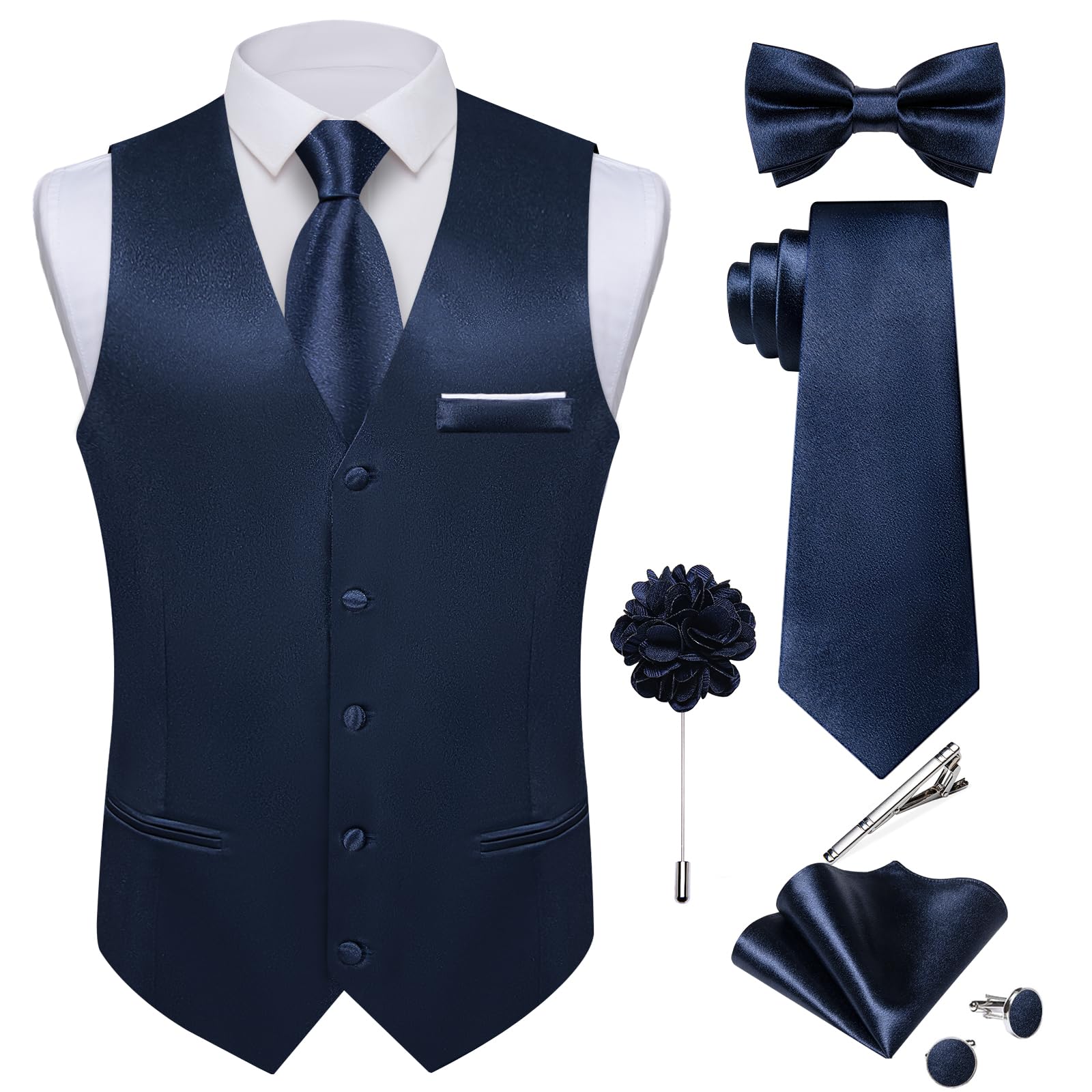 DiBanGu Mens Satin Suit Vest and Tie Set 8PCS Solid Waistcoat and Bowtie with Lapel Pin for Tuxedo Dress Vest Wedding Formal