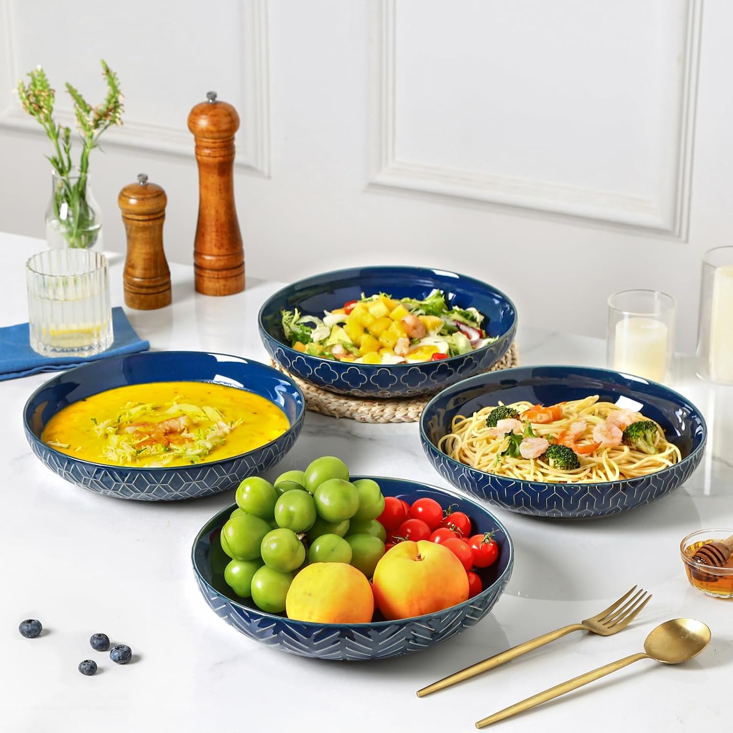 Sureasy 9.7" Pasta Bowls Set of 4-42 oz Large Salad Bowls for Kitchen, Embossed Ceramic Serving Bowls for Fruits, Soup, Pasta and Salad, Microwave & Dishwasher Safe, Blue - Image 7