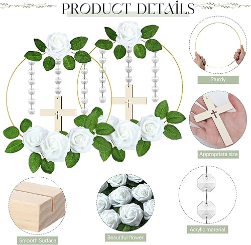 Miniatura 3 de Sintuff 72 centros de mesa de bautismo con 8 anillos de aro florales de metal, 8 soportes de madera, 8 cruces de madera de pie, 24 rosas falsas y 24