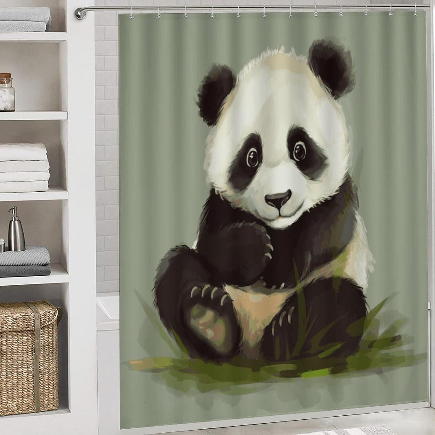 4 Piece Bathroom Rug Set with Shower Curtain, Non-Slip Bath Mat Toilet Cover Set, Cute Little Panda Bathroom Rug Sets