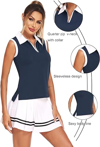 Vista 2 de HOTLOOX Camiseta polo de golf sin mangas para mujer, verano 2024, UPF 50+, cremallera, cuello en V, camiseta sin mangas S-XXL