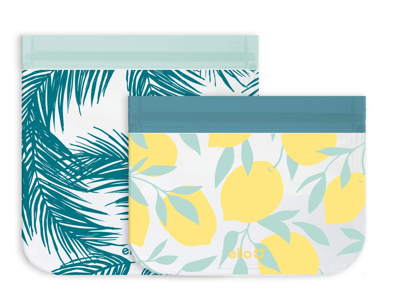 Ello4 Pack Reusable PEVA Leakproof 2 Lunch & 2 Snack Food Bags (Lemons and Palms)