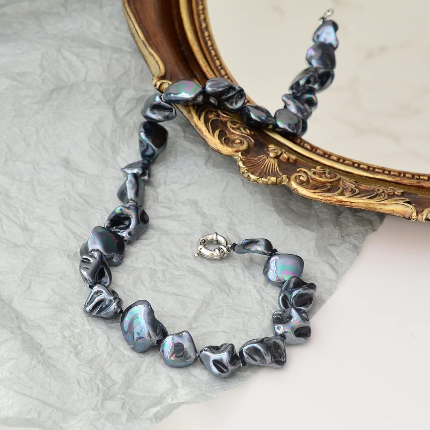 Pearl Choker Necklace for Women Boho Beaded Statement Necklace with Black White Large Freshwater Pearls Silver Fashion Jewelry Gift - Image 5