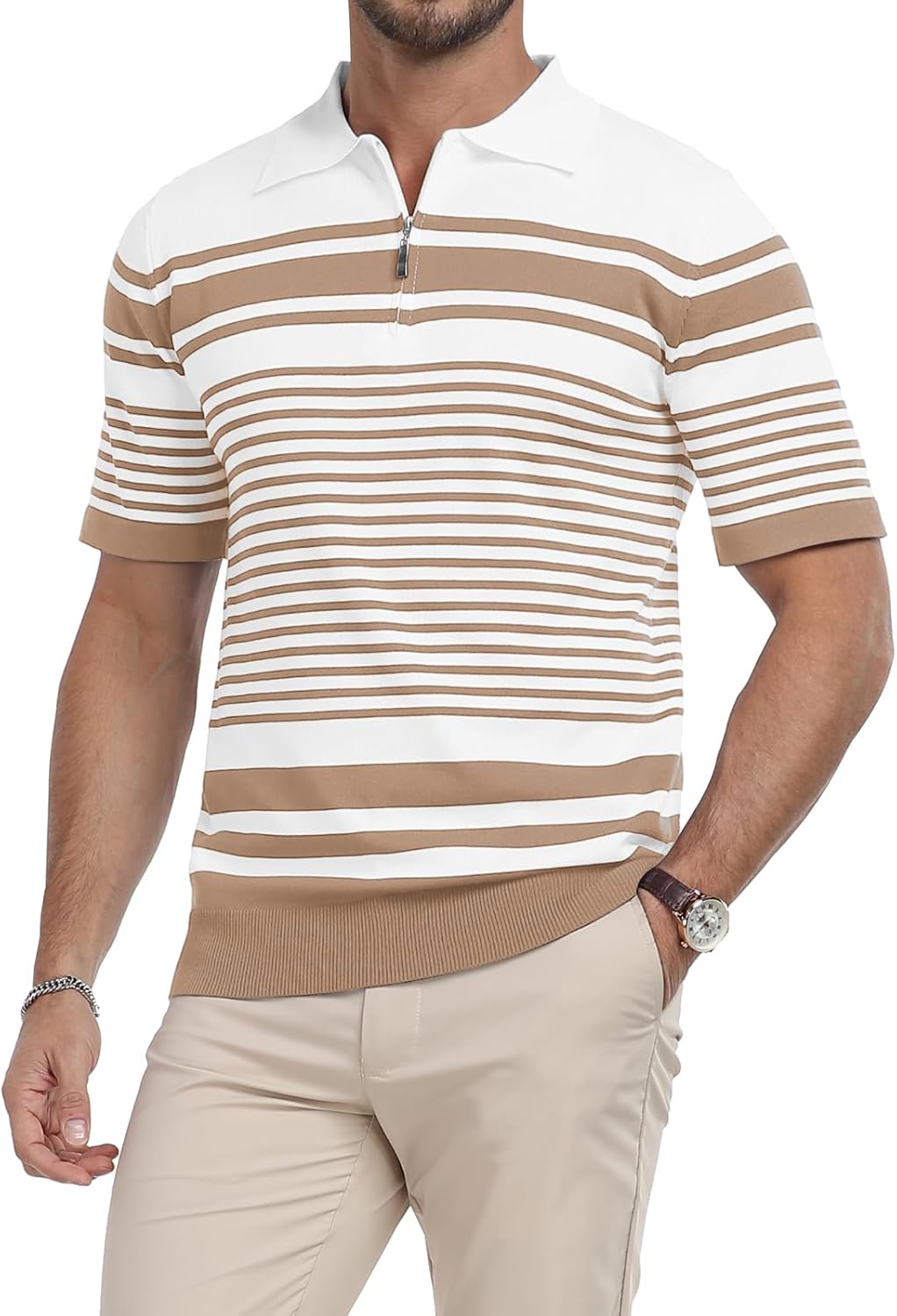 KUYIGO Men's Knit Collared Polo Shirts Short Sleeve Zipper Striped Tops Classic Fit Casual Soft T-Shirt