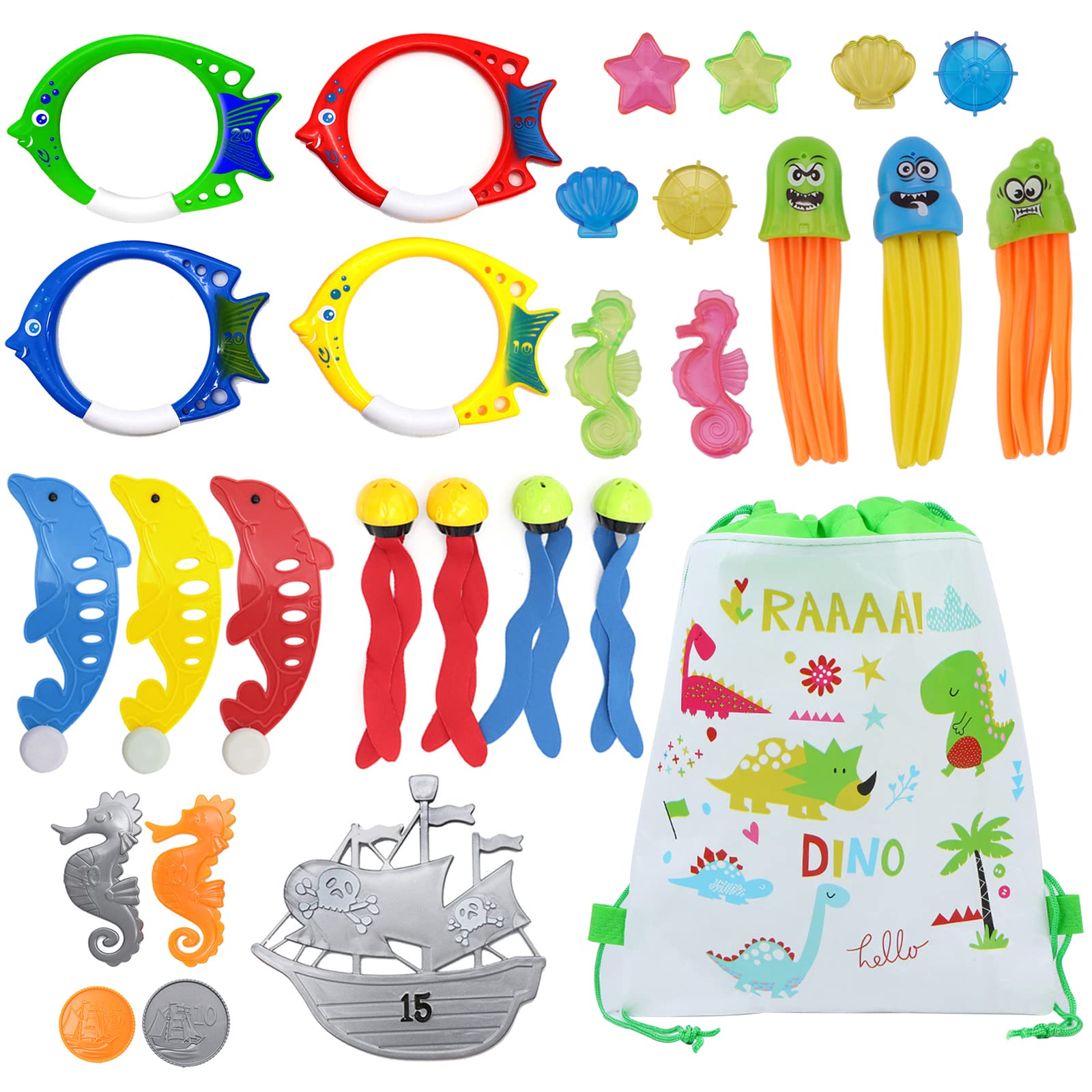 RDGWFB Juego de 27 anillos de buceo para niños, juguetes de piscina, forma de pez, anillos de buceo, algas marinas, pulpo, joya de buceo, juego de buceo bajo el agua, niñas, con bolsa de cuerda