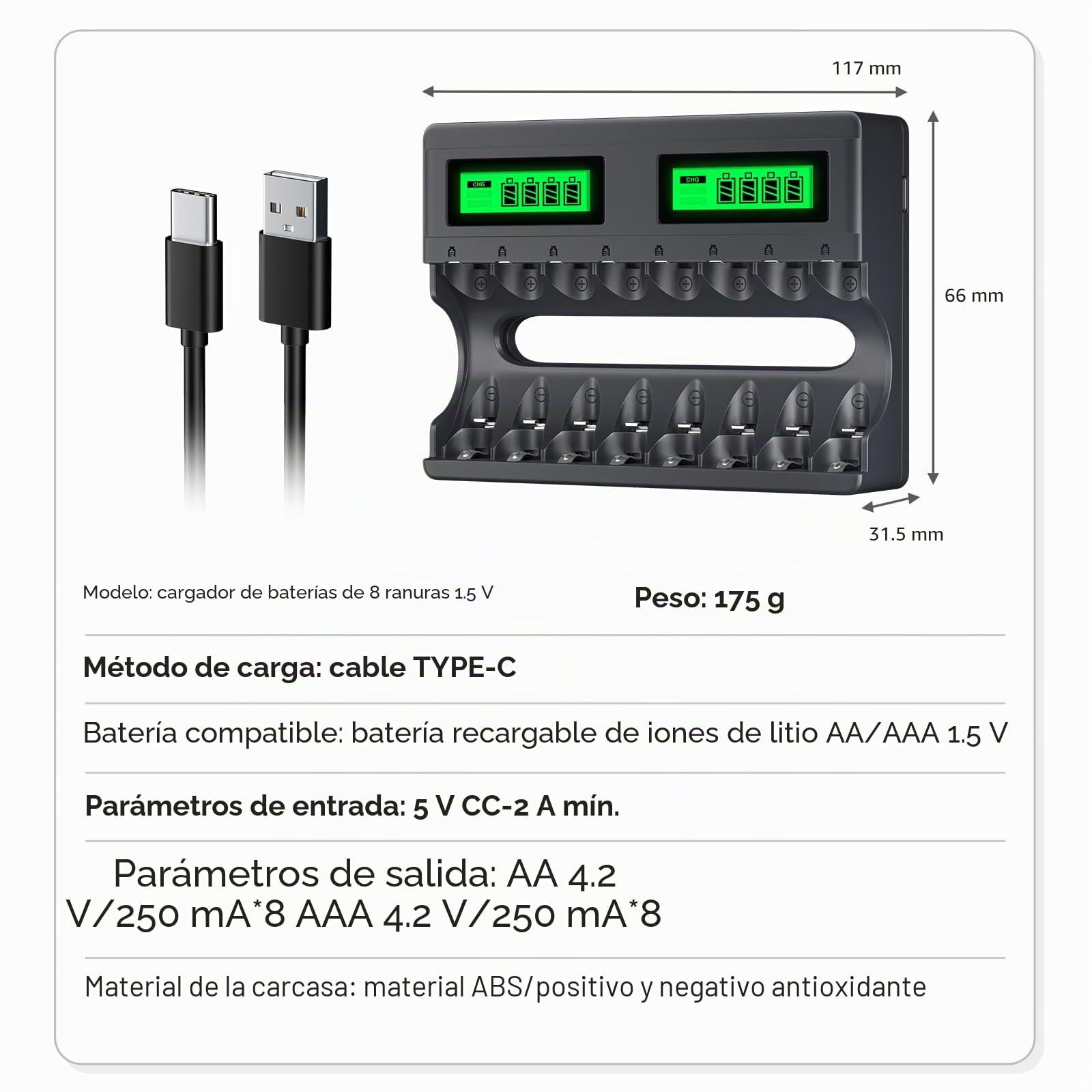 Pack de 8 Pilas AAA de Litio Recargables Con Cargador, 8 Ranuras USB C Tipo-C, Carga Independiente, LCD Cargador Rápido Inteligente, 1,5 V