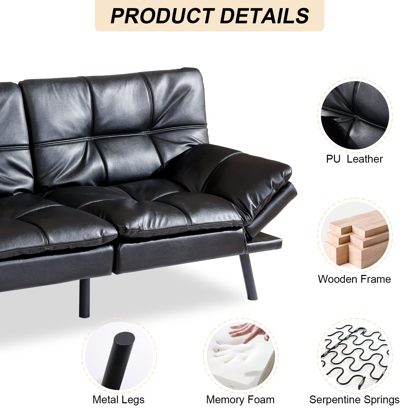 Opoiar futon Convertible Sofa Bed Faux Leather futons Couch Black
