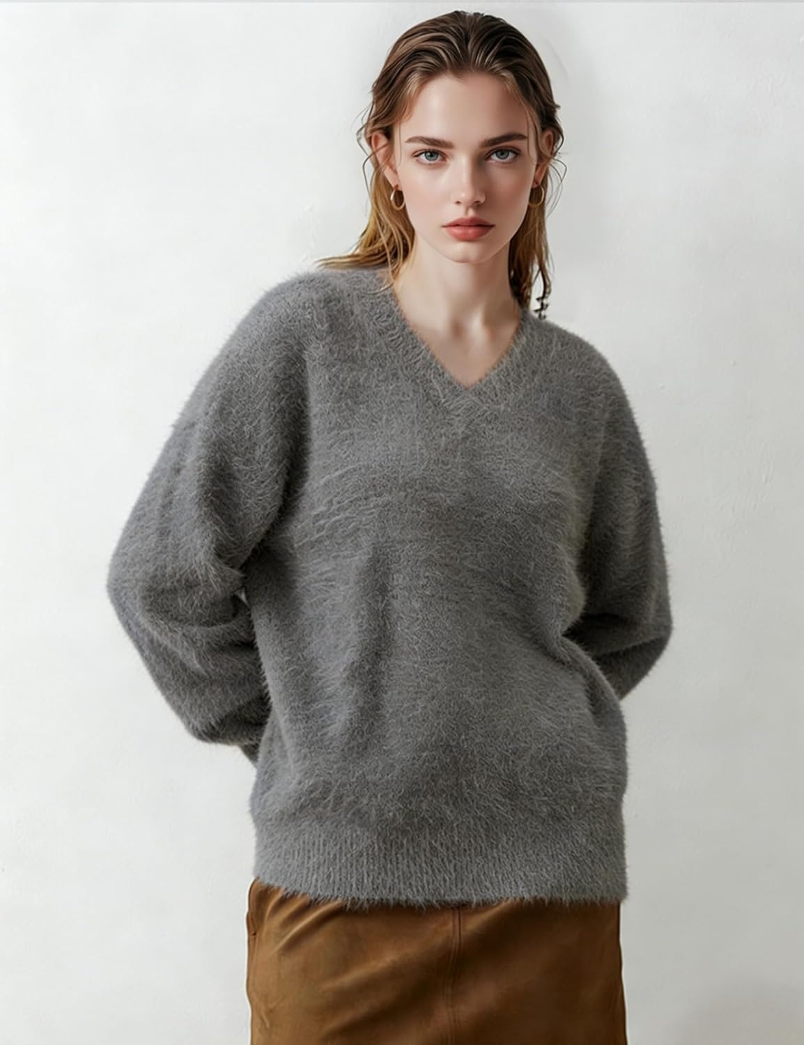 Yimoon Fuzzy Sweater for Women V Neck Long Sleeve Soft Chunky Pullover Sweater Loose Slouchy Fluffy Jumper Top - Image 2