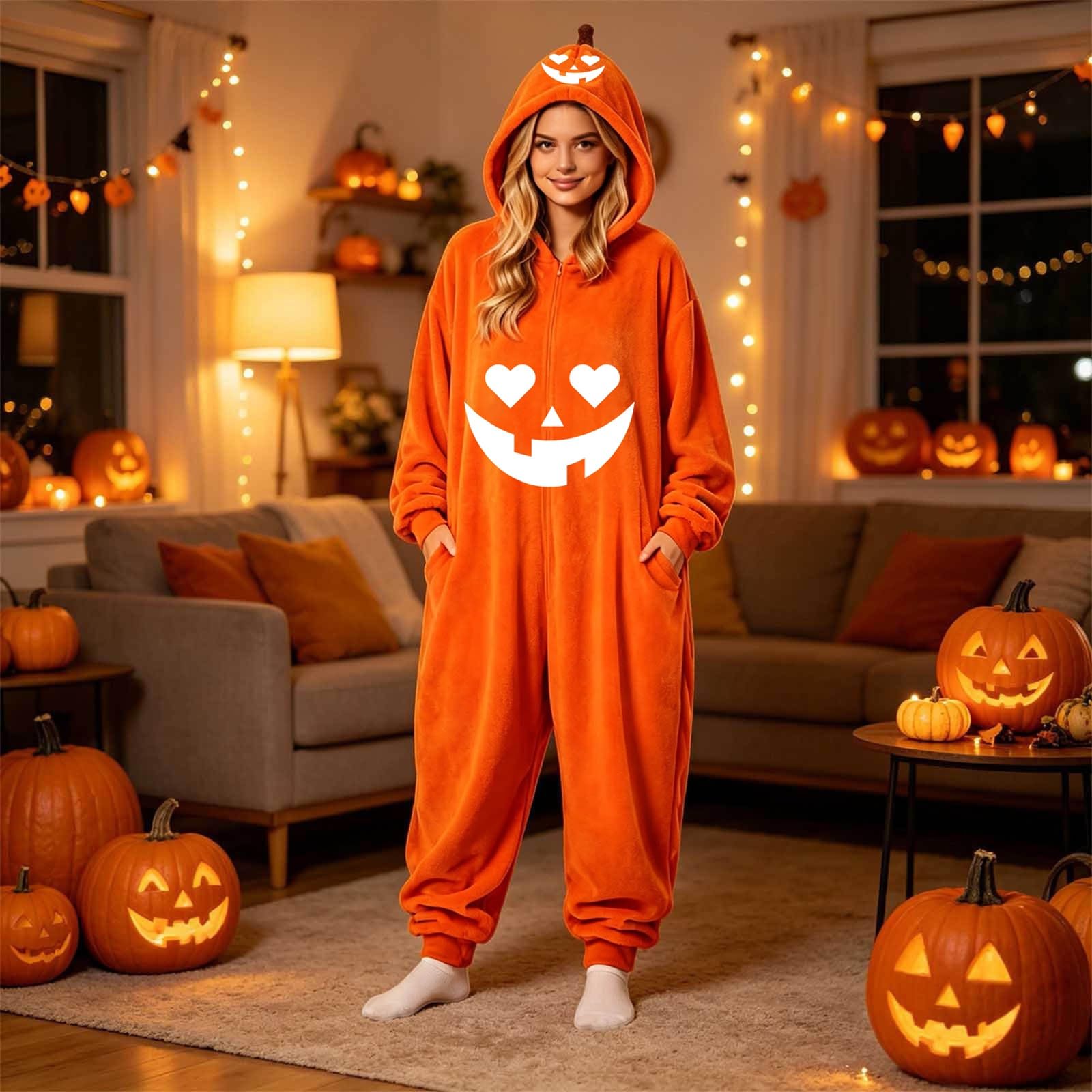Pigiama Halloween Adulto Tuta Zucca Intera con Cappuccio Cosplay Look Cosplay Originale, Pigiama Halloween Adulto, Tuta Zucca con Cappuccio per Eventi Speciali