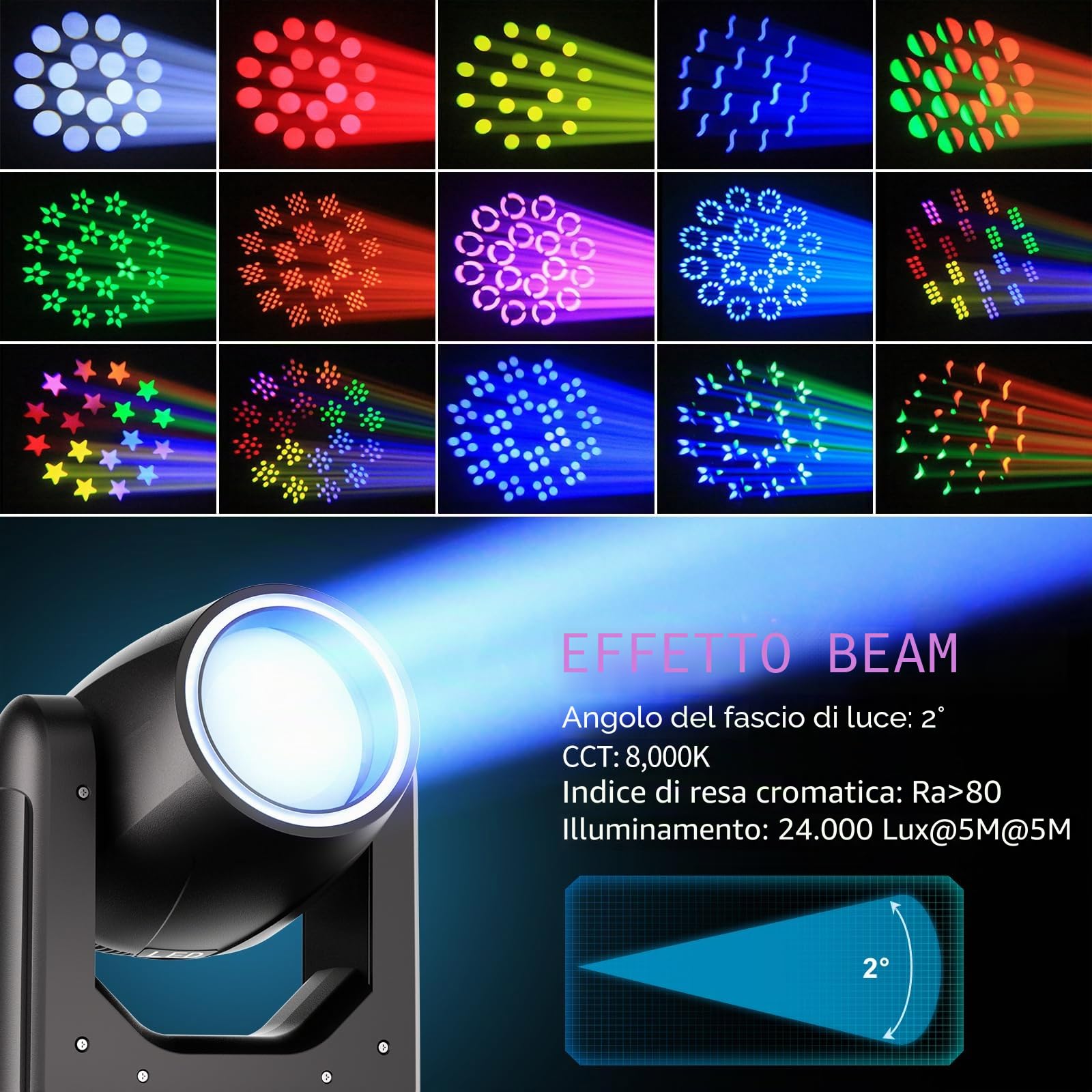 200W Mini Teste Mobili LED 7+1 Colori 12 Gobos Luce da Palcoscenico con Striscia luminosa 18 Prisma Stroboscopico Focus Elettronico Luce di Scena per Natale Club DJ Discoteca Festa