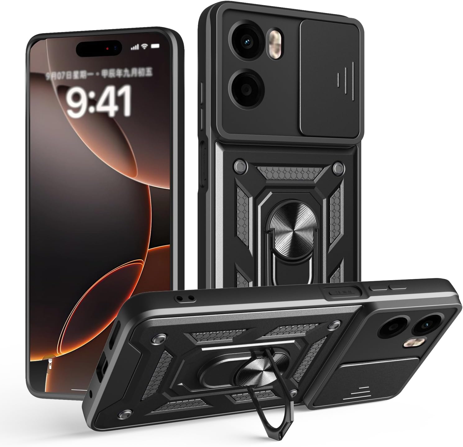 Moto G05 Compatible Case with Ring, TPU+PC Dual Layer Structure, Shock Resistant, Lightweight, 360-Degree Rotation, Stand Function, Camera Protection, Scratch Resistant Smartphone Case, Black