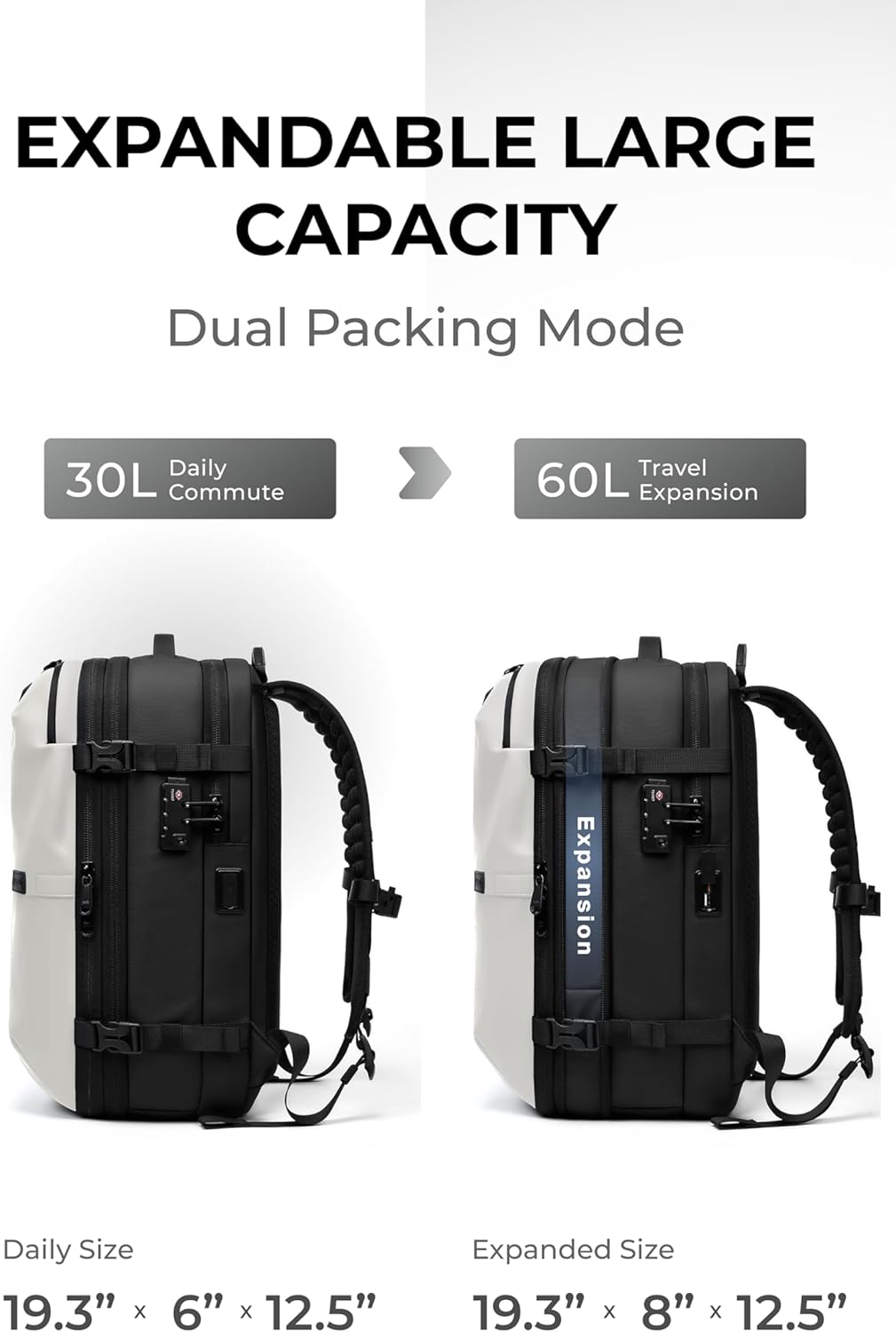 AirVault Vacuum Seal Travel Backpack 60L with Expandable HyperSeal Air Compression Vacuum System Water Resistant TSA Lock (Vacuum Pump Included, White, 60L) - Image 6