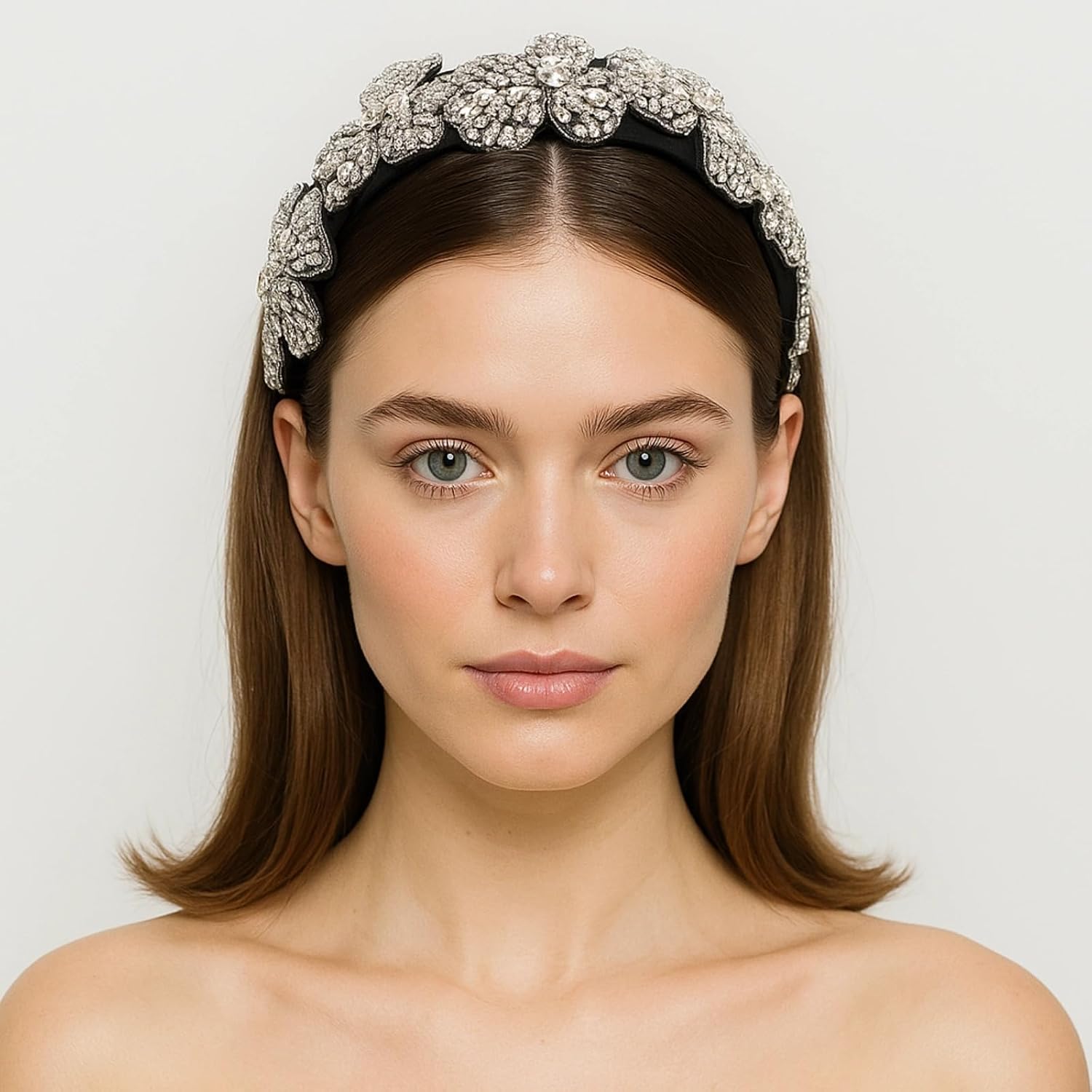 Big Beaded Crystal Headband for Women Luxury Leaf Flower Decorative Rhinestone Hairband Elegant Hair Head Floral Accessories (H1103-white)