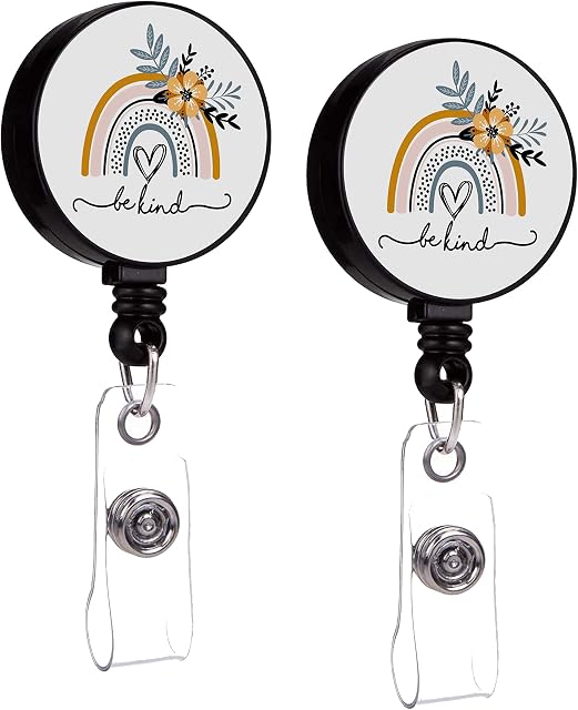HUBAO 2 Pieces Cute Rainbow Be Kind Retractable Badge Reel Holders with Alligator Clip, Nurse, Employee,Teacher, Student Name Tag ID Card, Decorative Custom Badge Holder Reel,B4