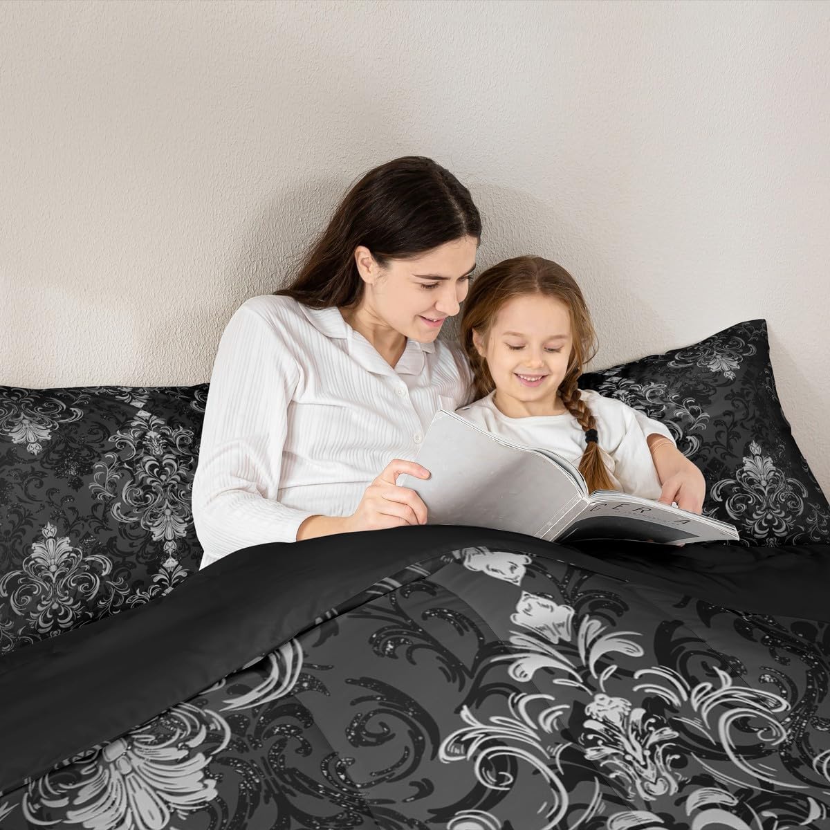 Feelyou Kids Damask Floral Bedding Set Queen Size Ombre Grey Black Duvet Quilt for Boys Girls Bedroom Decor Vintage Jacquard Comforter Set Breathable Soft Microfiber Exotic Floral with 2 Pillow Case