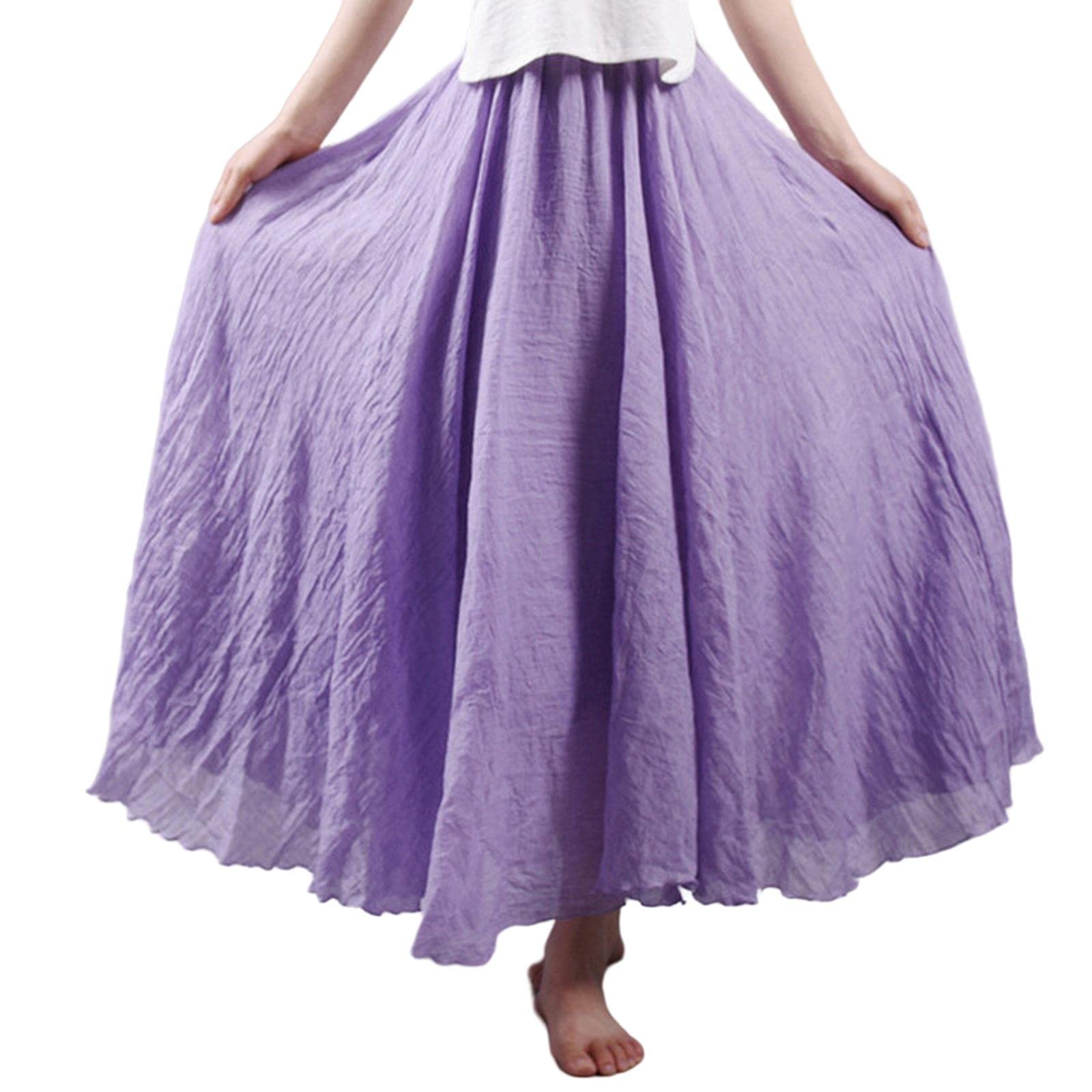 Falda larga de lino para mujer, falda larga de algodón con cintura elástica, plisada, maxi faldas de playa vintage de verano, morado, 44