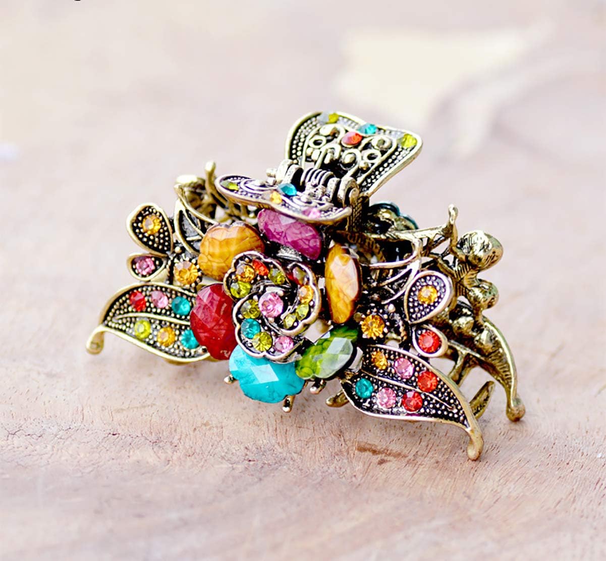 Fodattm Women Lady Retro Rose Flower Imitation Turquoise Hair Claw Clip Vintage Alloy Rhinestone Non-Slip Hair Jaw Clips Hairpin Hair Clamp (Colourful) - Image 3