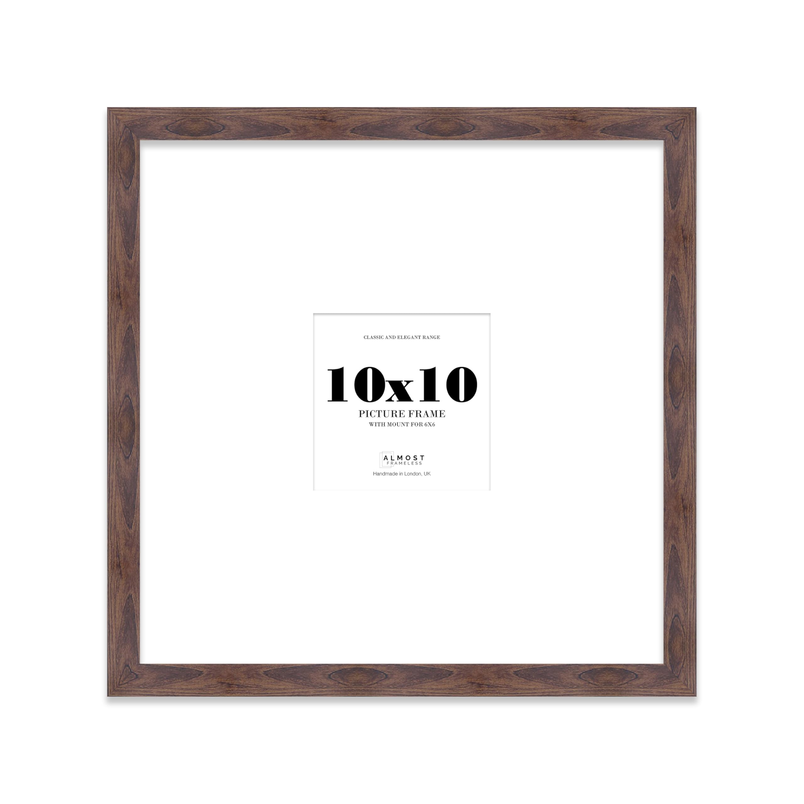 10x10 Square Picture Frame, Display Pictures 6x6 With Mat or 10x10 Without Mat, Wall Hanging & Free Standing Photo Frame, Walnut, 1 Pack