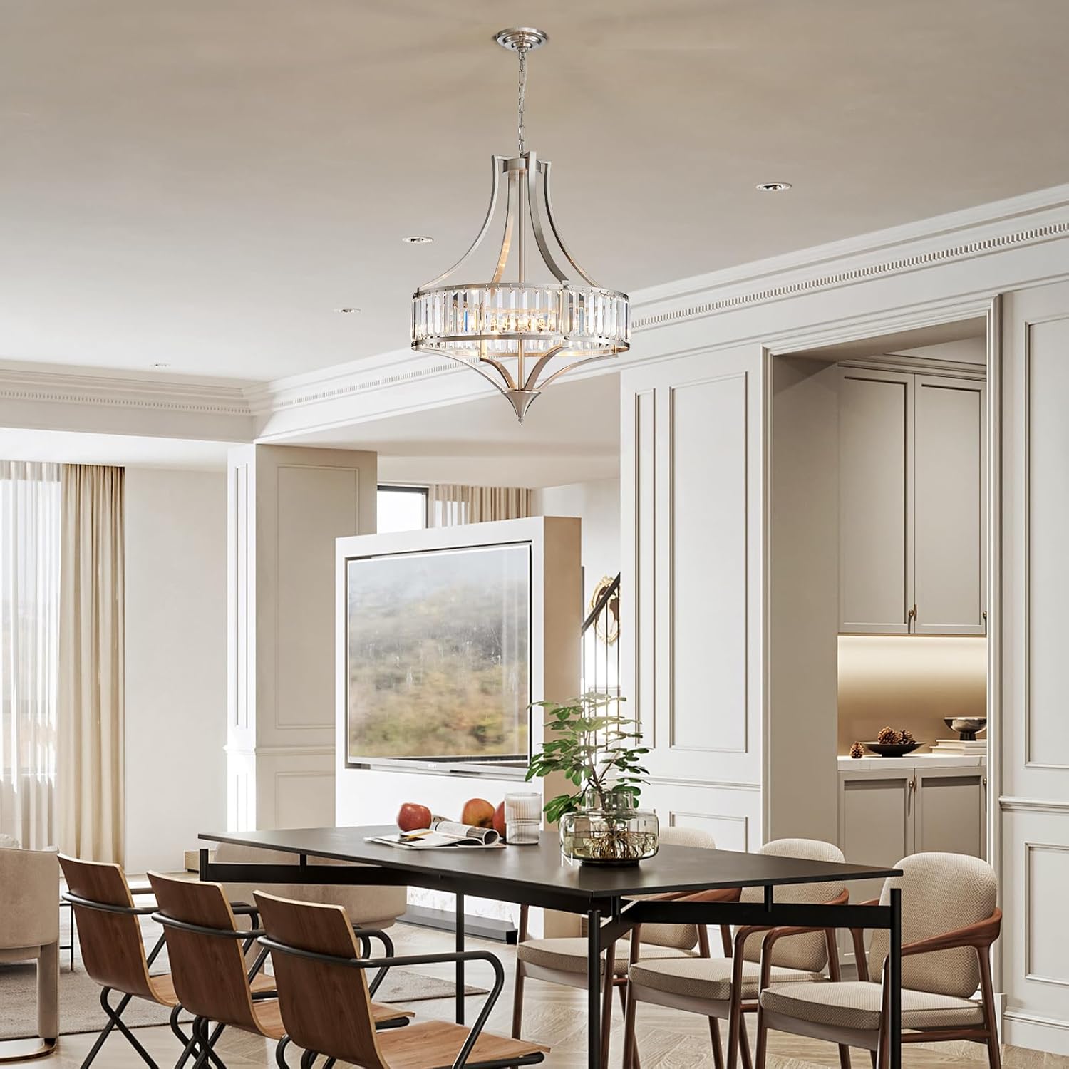 Majhoiw Brushed Nickel Chandeliers for Dining Room, Rustic Farmhouse Crystal Chandelier with Round Metal Shade, Modern 6-Light Large Light Fixture for Hallway, Bedroom, Foyer 21.6”-Brushed Nickel